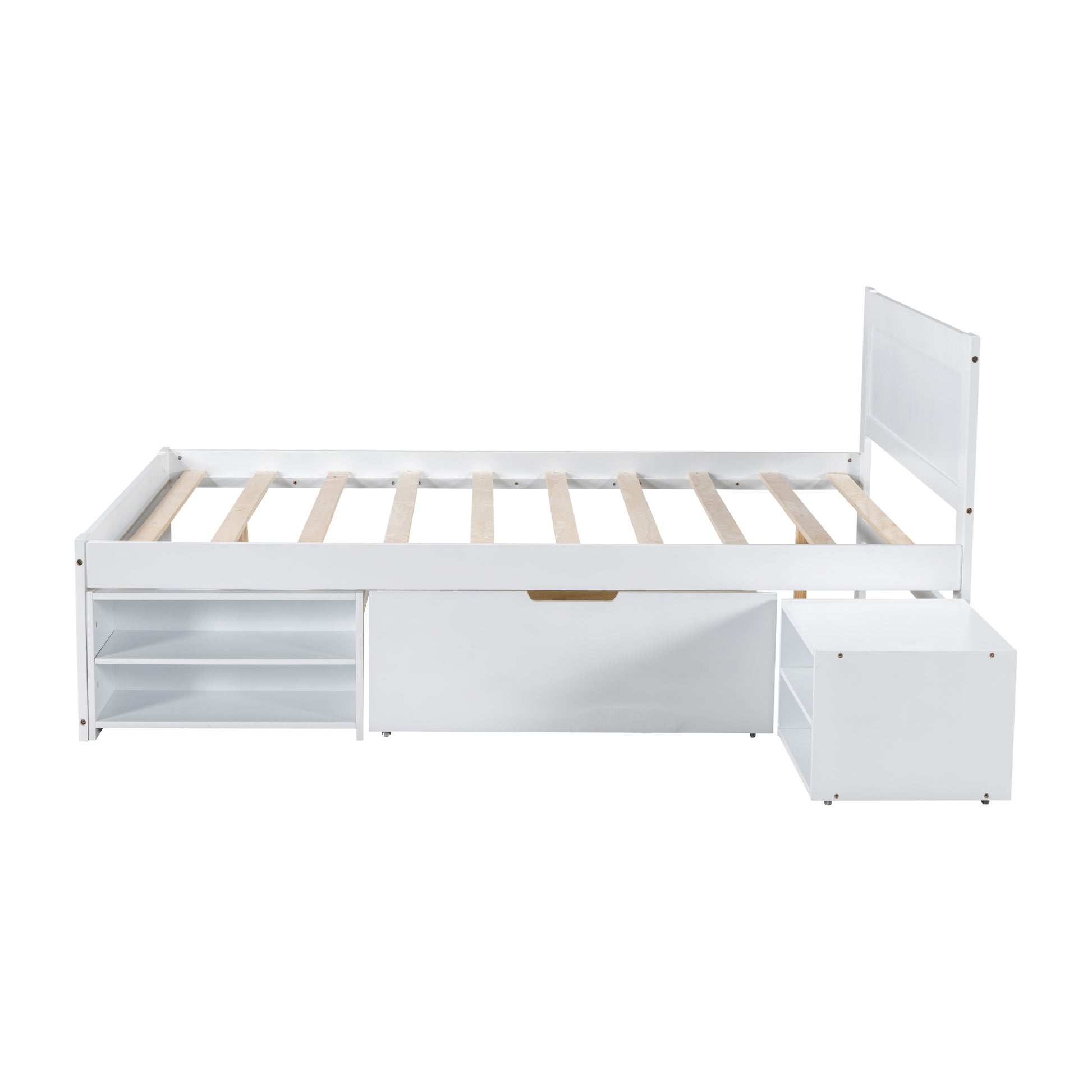 Full Size Platform Bed With Drawer And Two Shelves, White Full Antique White Mdf Lvl