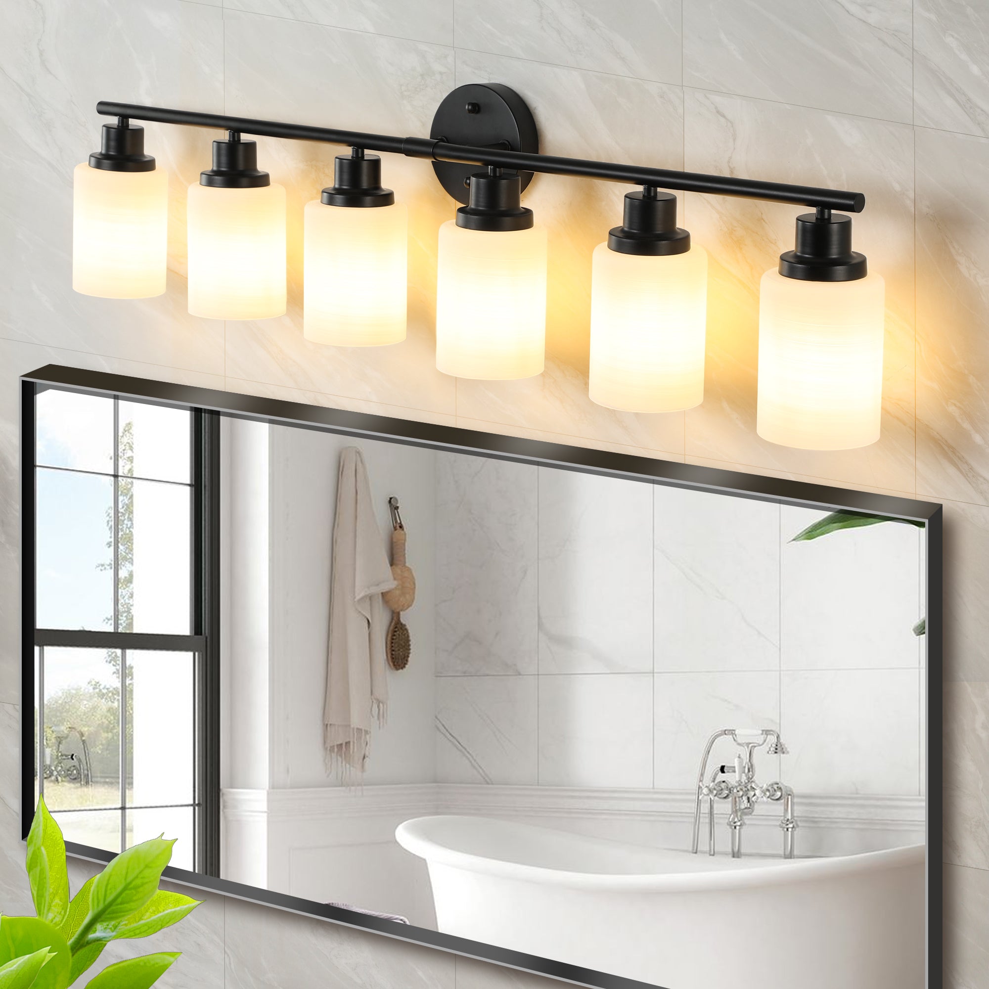 Modern 6 Light Vanity Bathroom Mirror Light, Frosted White Glass With Black Iron Frame, Contemporary Wall Sconce For Bedroom, Bathroom, And Dressing Room No Bulbs Black,White Glass,Iron