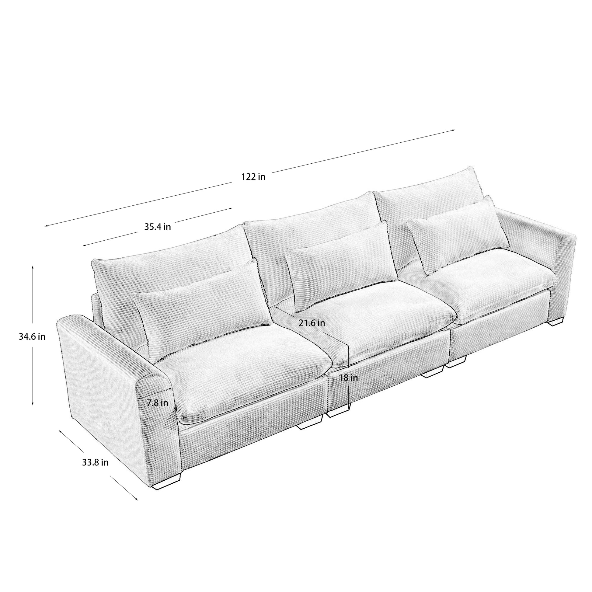 3 Seater Deep Seat Couches For Living Room, Wide And Deep Seat Comfy Living Roo Sofas With 3 Waist Pillows, Beige Corduroy Beige Corduroy 3 Seat