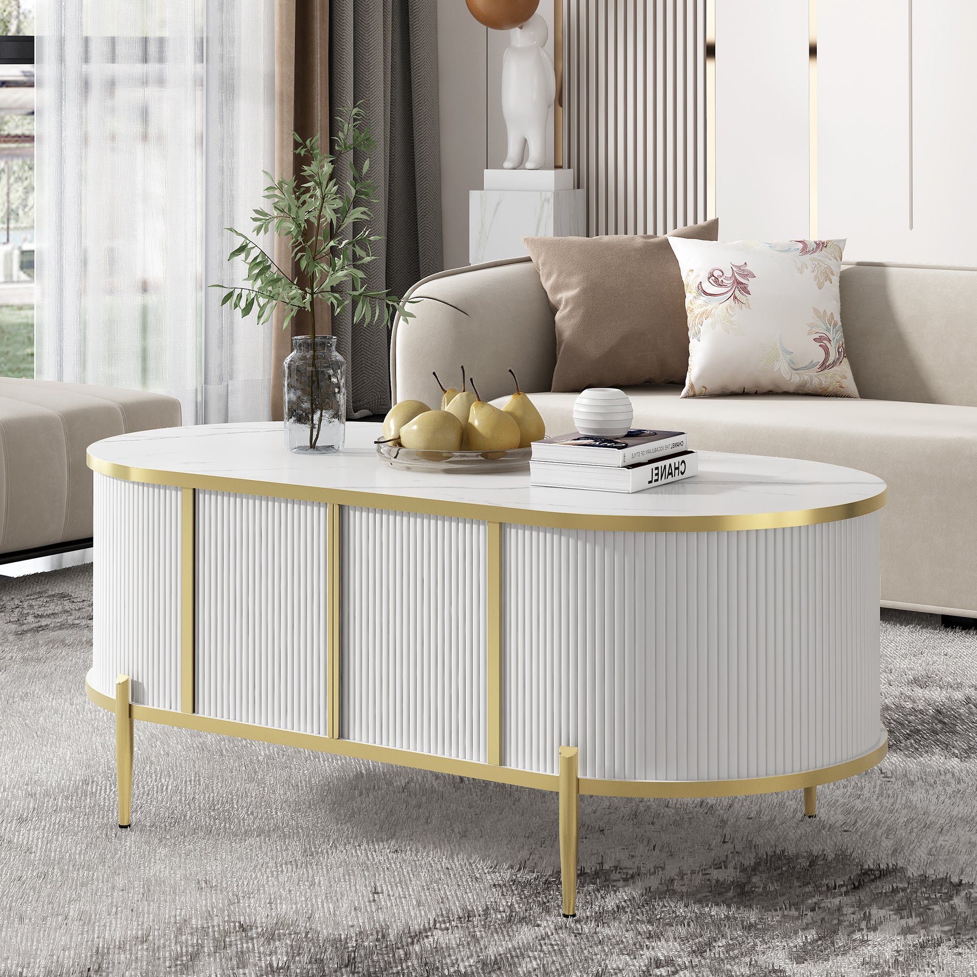 Modern Luxury Oval Shaped Fluted Coffee Table, Marble Patterned Top Coffee Table With 2 Cabinets, Metal Legs And Handles For Living Room, White Date Of Expected Arrival: 11.20 White Mdf