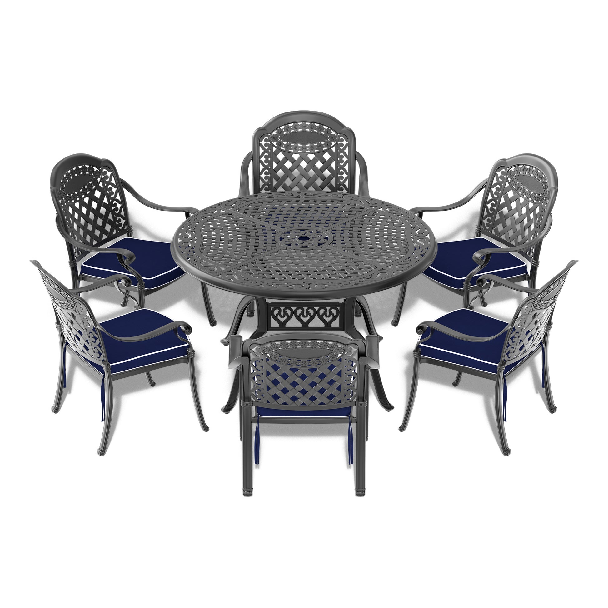 Cushions In Random Colors 7 Piece Set Of Cast Aluminum Patio Furniture With Cushions Yes Dining Set Black Seats 6 Rust Resistant Frame Water Resistant Cushion Garden & Outdoor Complete Patio Sets Aluminium