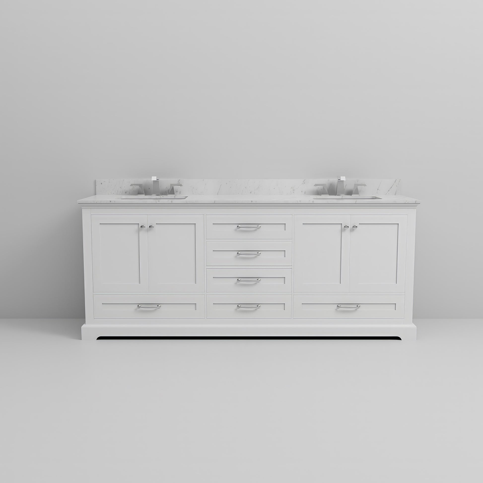 White Double Bath Vanity 80 In. W X 22 In. D, Carrara Marble Top, And Faucet Set White Plywood Wood