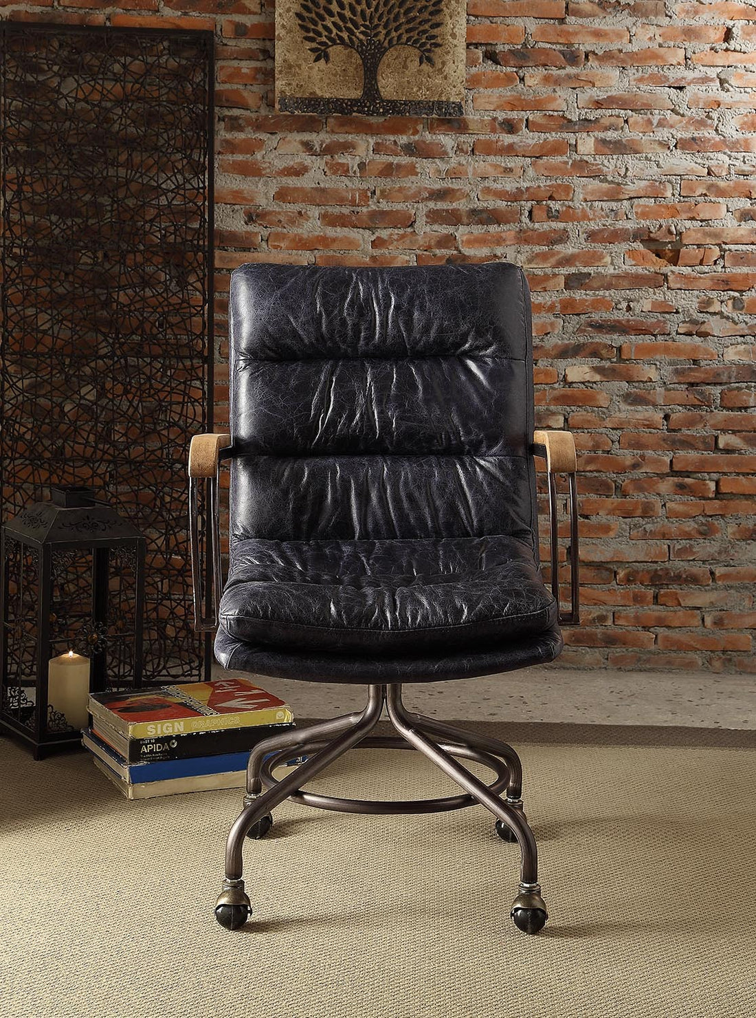Vintage Blue Swivel Office Chair With Casters Solid Vintage Office Foam Vintage Office Chairs Tufted Back Casters Leather