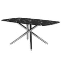 Table And Chair Set, Large Modern Minimalist Rectangular Dining Table, 0.39 Inch Black Imitation Marble Tabletop And Silver Metal Legs, Soft Leather Seats. F 1537 Silver Glass Metal