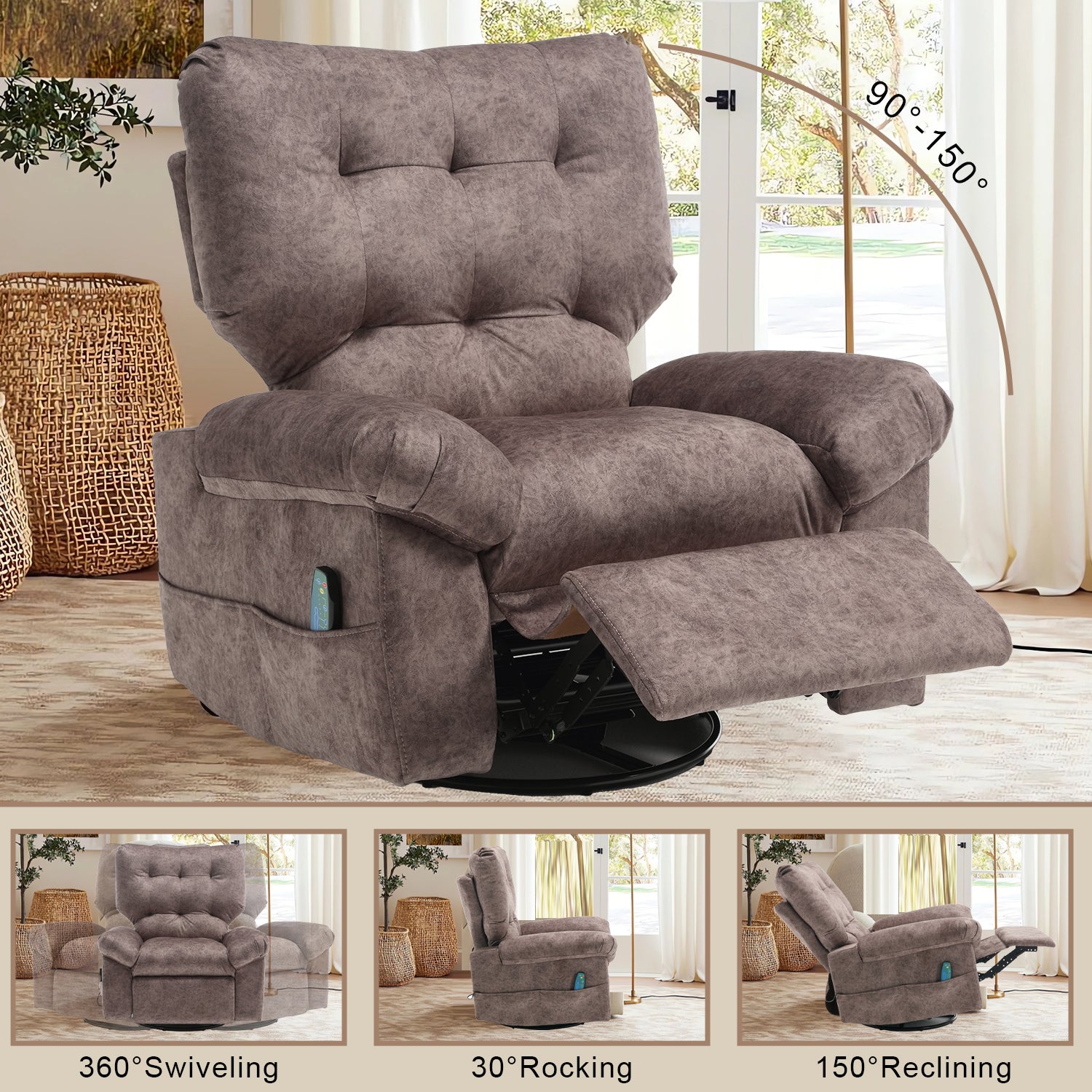 Overstuffed Rocker Recliner Chair With Massage And Heat, 360 Swivel Fabric Wide Seat Single Sofa Lounge Chairs With Side Pocket, Manual Home Theater Recliners For Living Room Brown Metal Soft Heavy Duty Textile