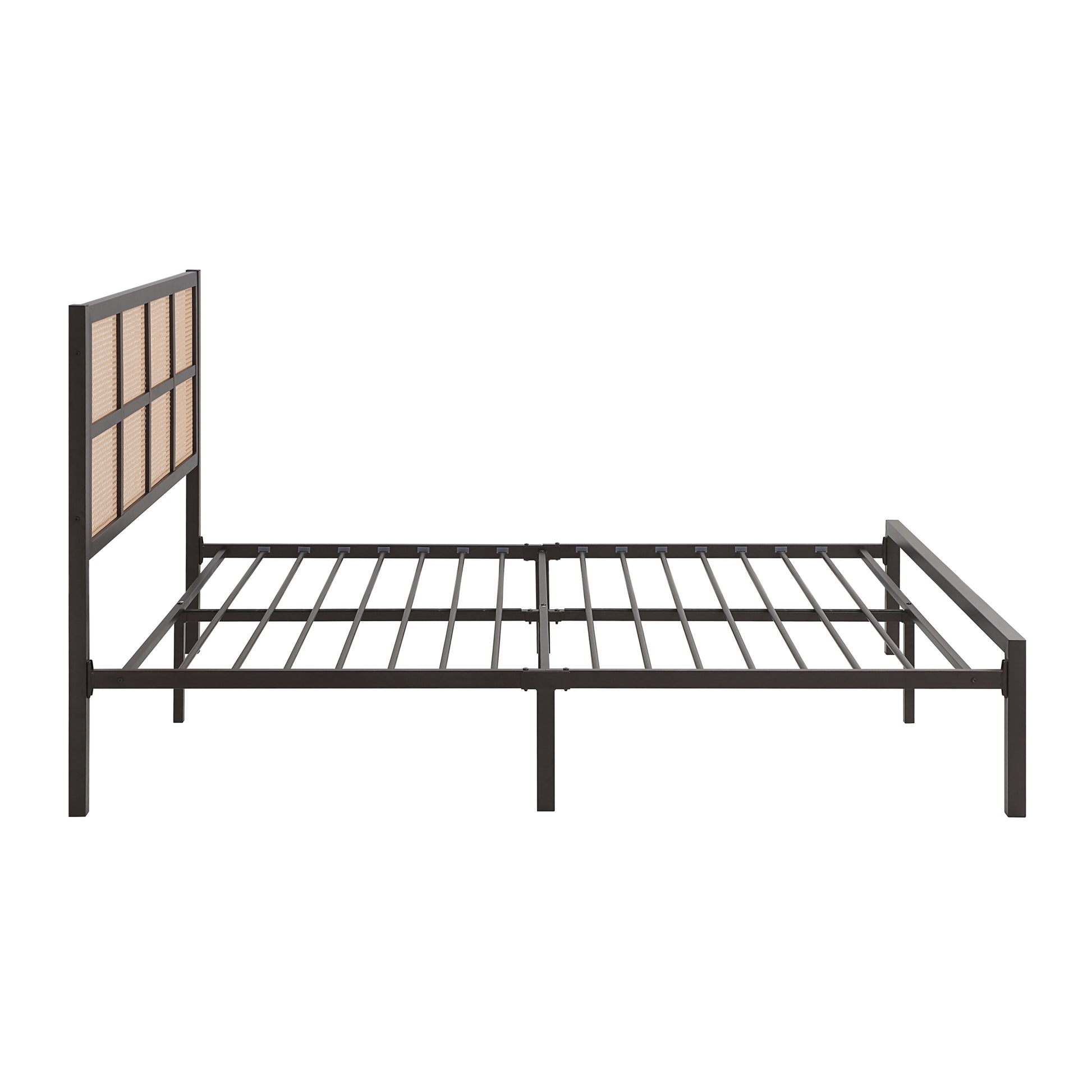 1Pc Queen Platform Bed, Metal Frame Dark Bronze Finish Faux Cane Panel Headboard Casual Coastal Bedroom Furniture, Bed In A Box Box Spring Not Required Queen Bronze Metal Bedroom Casual,Coastal Metal