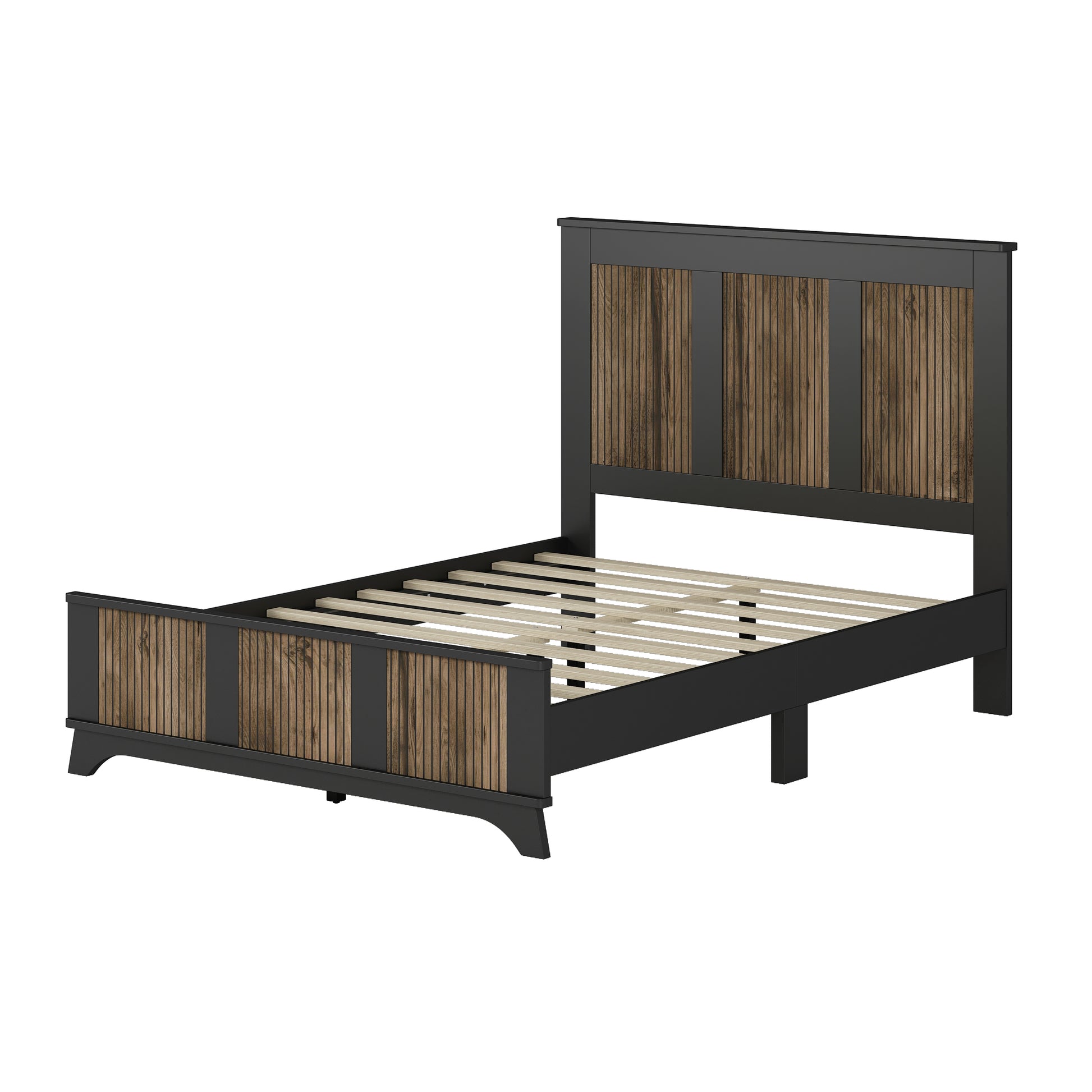 Farmhouse Wooden Platform Full Size Bed, Modern Platform Bed With Wooden Strip Decoration, Plywood Slats Support, Black Full Black Particle Board