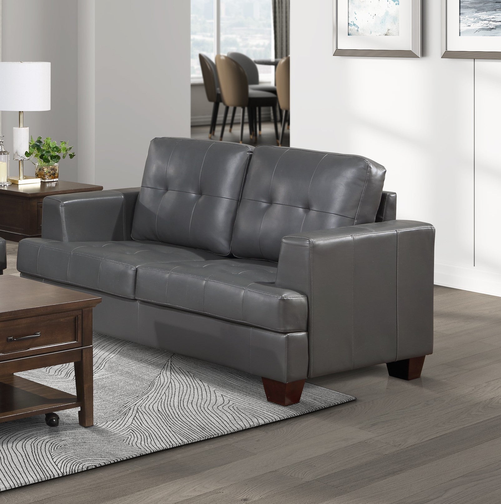 Living Room Gray Modern Comfort Loveseat 1Pc Premium Faux Leather Upholstery Tufted Detail Solid Wood Frame Furniture Gray Faux Leather Wood Primary Living Space Modern Faux Leather