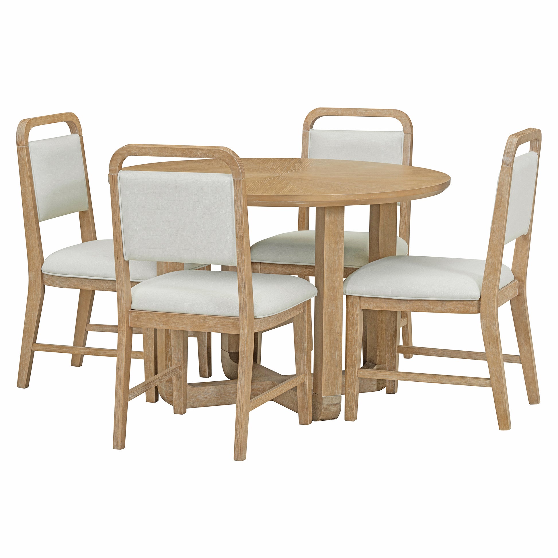 5 Piece Retro Dining Set, Round Table Top With Radial Wood Grain Design And 4 Upholstered Chairs For Dining Room And Kitchen Natural Wood Wash Natural Wood Wash Solid Wood Mdf