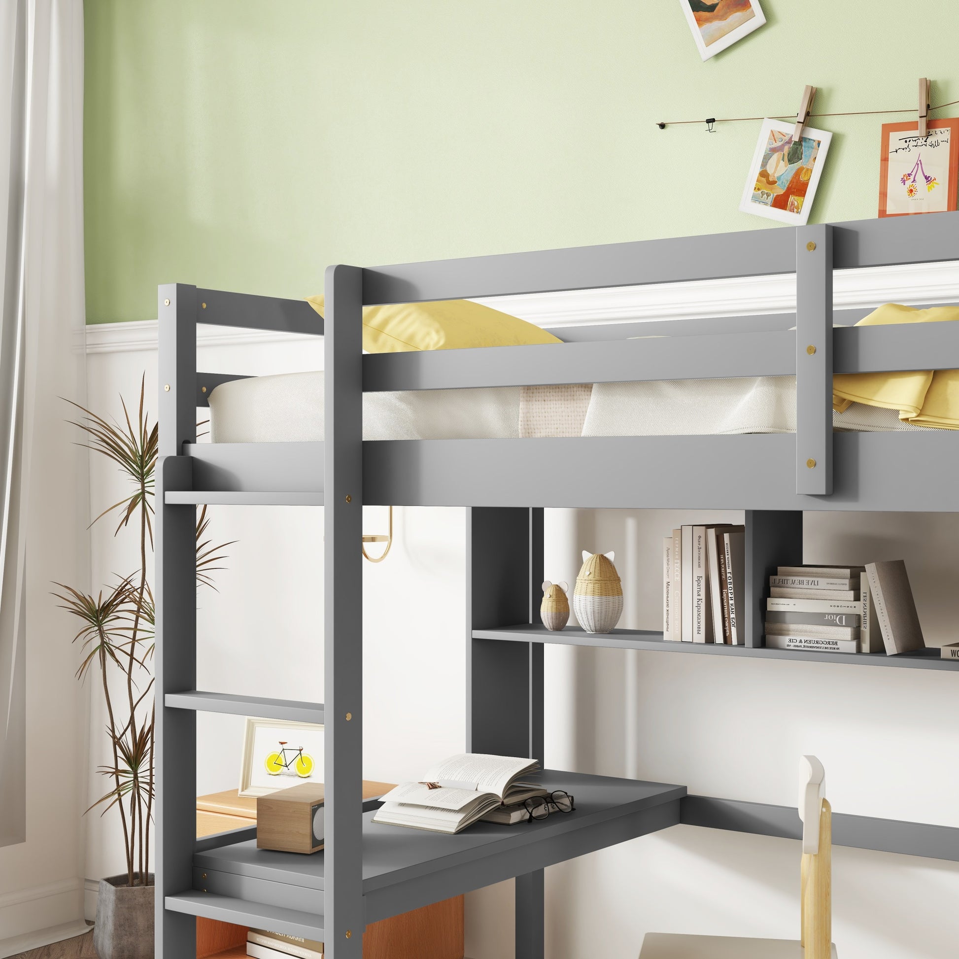 Twin Loft Bed With Built In Desk And Bookcase Of Three Compartments, Guardrails And Ladder,Grey Twin Grey Pine