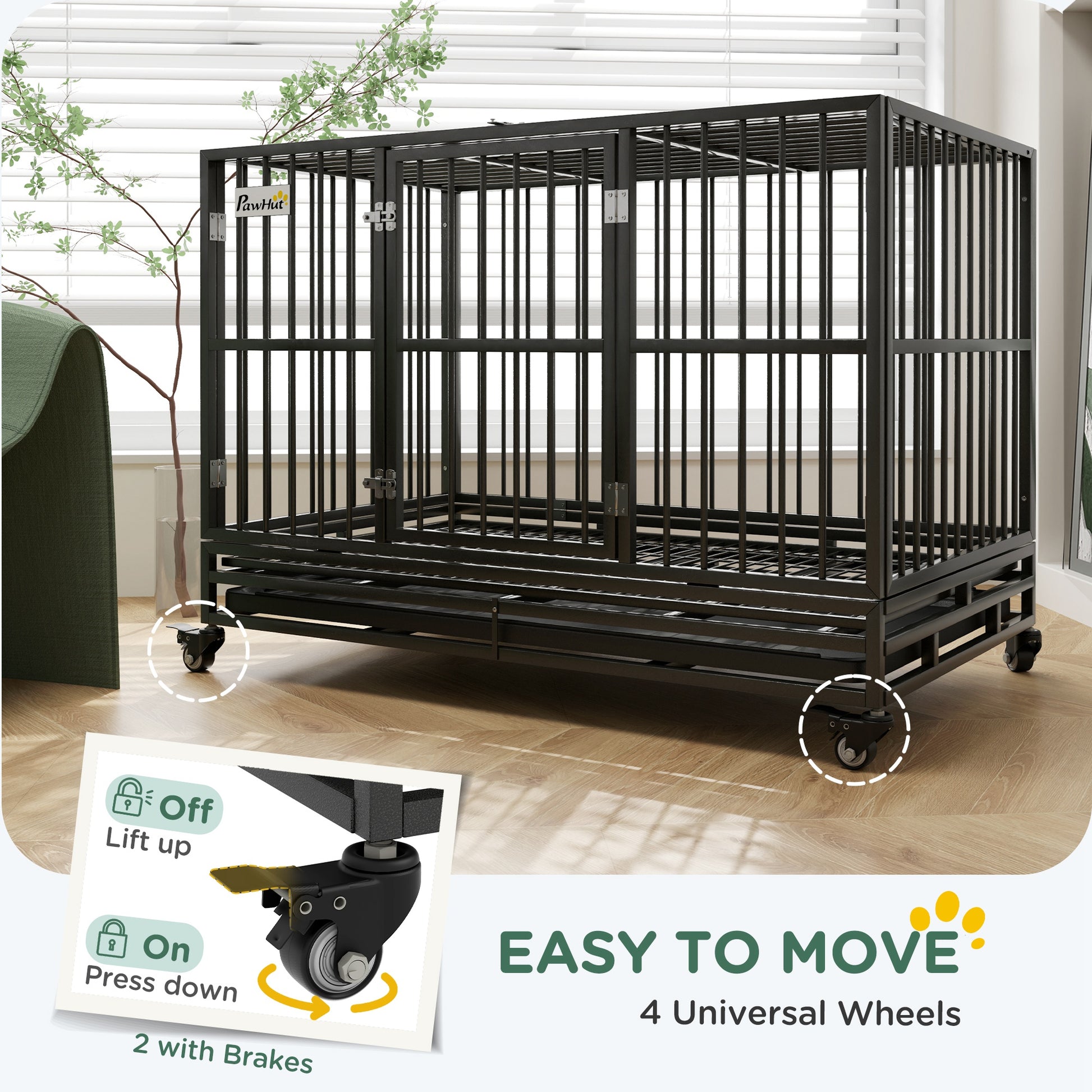 Pawhut 48" Heavy Duty Dog Crate Metal Cage Kennel With Lockable Wheels, Double Door And Removable Tray, Gray Gray Steel