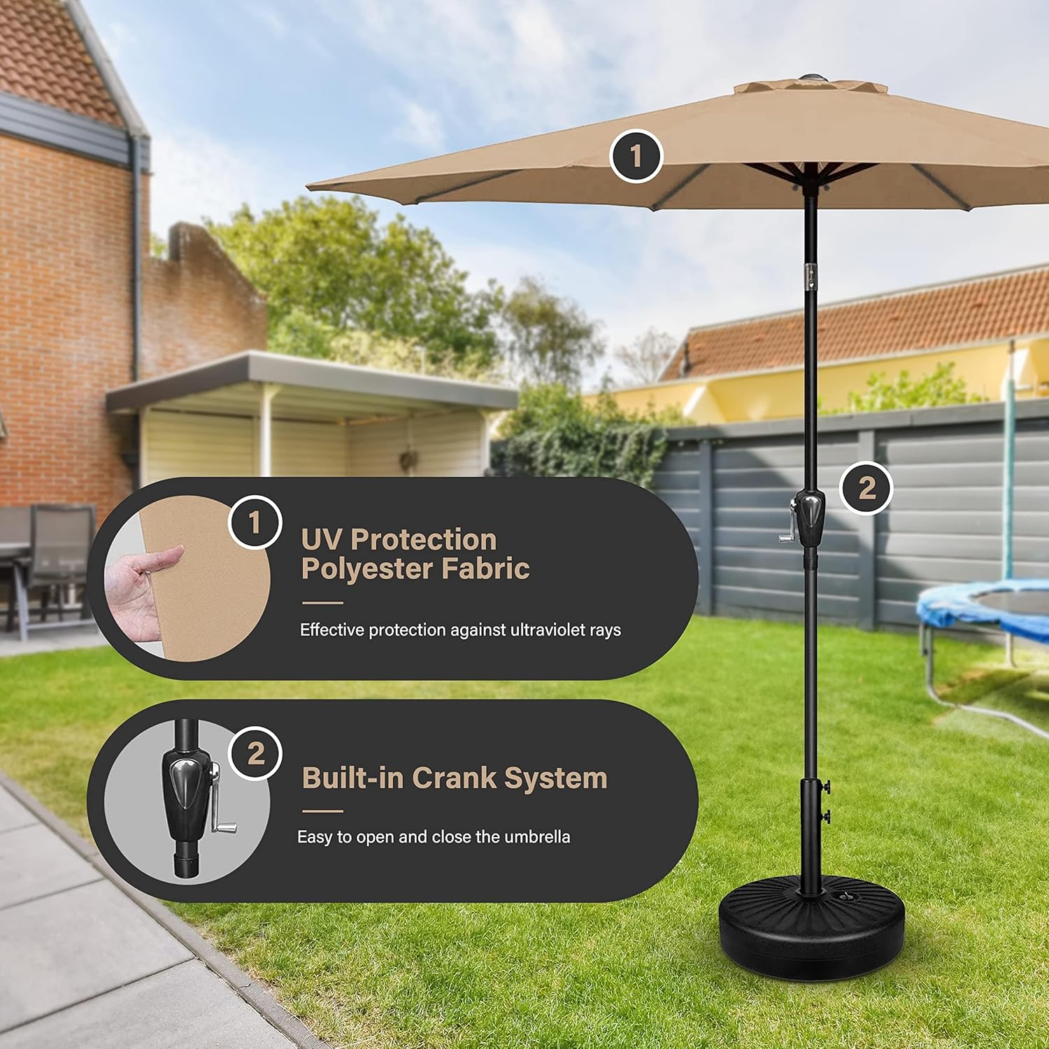9Ft Outdoor Patio Umbrella Table Market Umbrella With Push Button Tilt And Crank, 8 Sturdy Ribs, Uv Protection Waterproof For Garden, Lawn, Deck, Backyard, Pool,Tan Tan Polyester