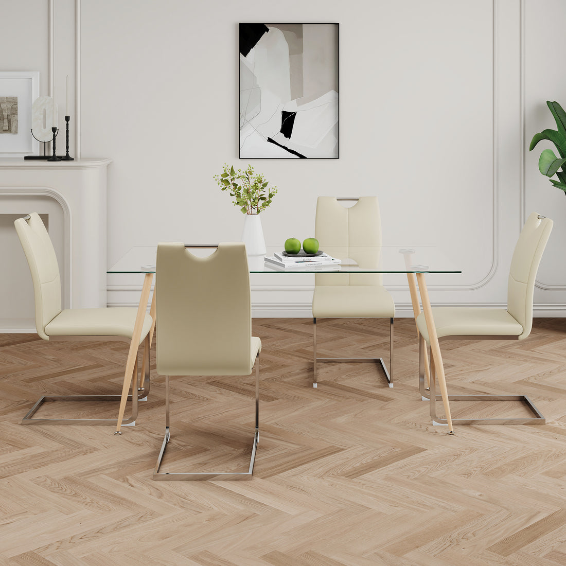 Modern Simple Rectangular Glass Dining Table, Solid Tempered Glass Countertop, Wood Transfer Metal Table Legs, Light Yellow Pu Dining Chair Set, Suitable For Restaurant Kitchen Use Set Of 5 Upholstered Chair Glass Light Yellow Seats 4 Metal Rectangular