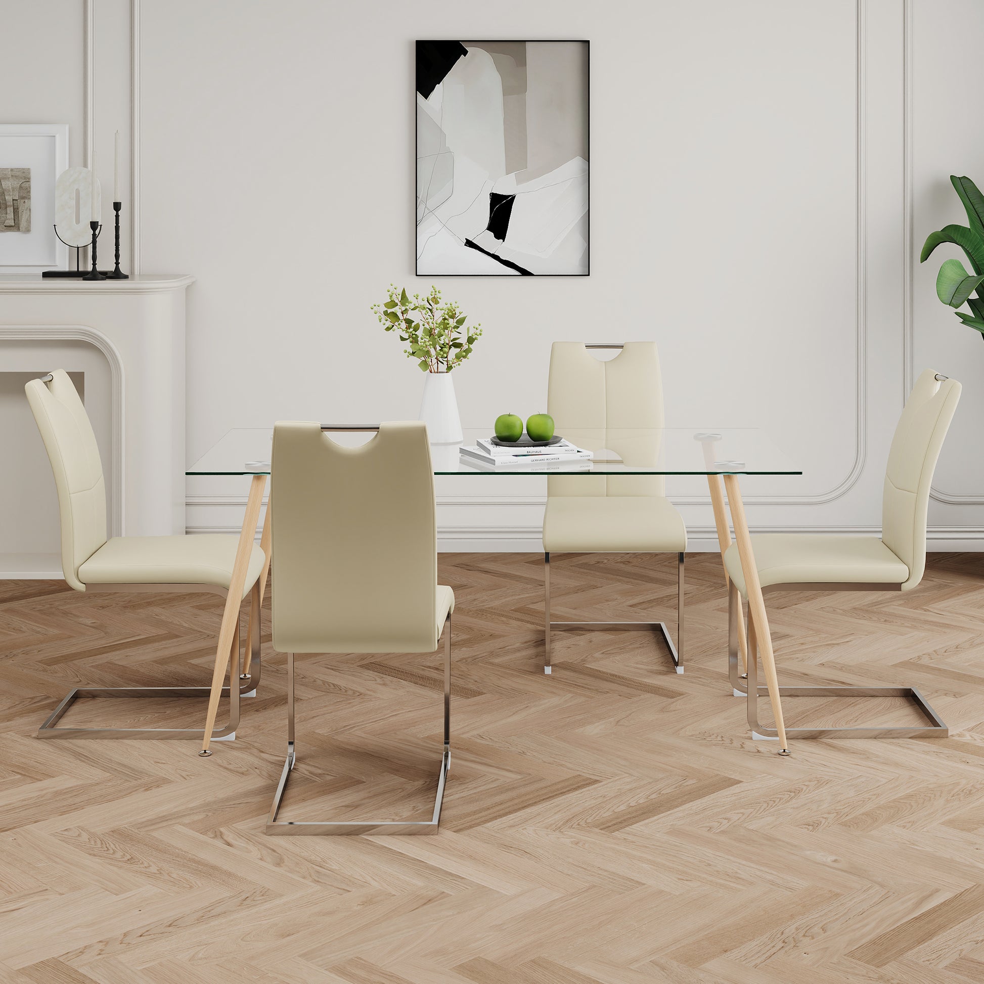 Modern Simple Rectangular Glass Dining Table, Solid Tempered Glass Countertop, Wood Transfer Metal Table Legs, Light Yellow Pu Dining Chair Set, Suitable For Restaurant Kitchen Use Set Of 5 Upholstered Chair Glass Light Yellow Seats 4 Metal Rectangular