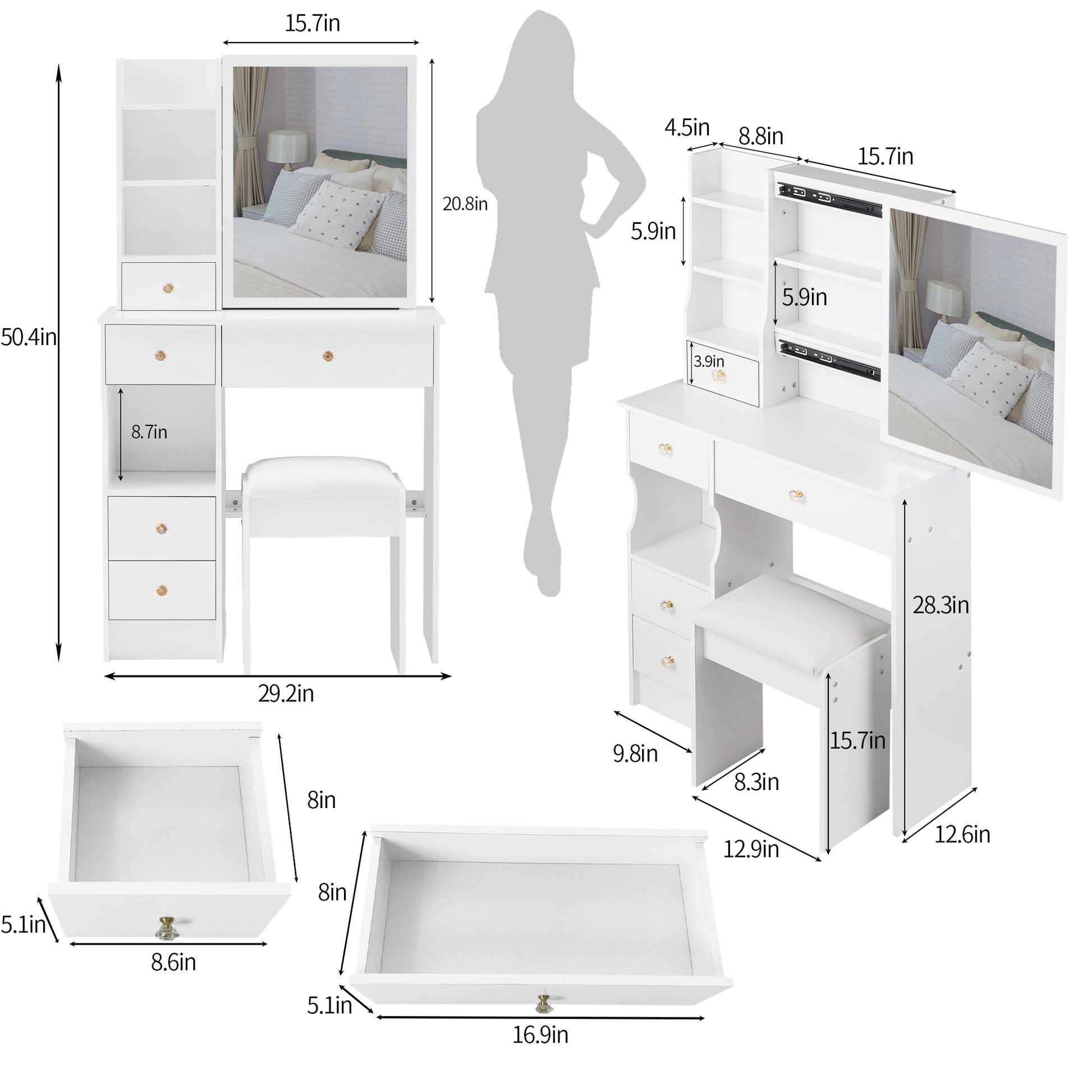 Small Size Left Drawer Desktop Vanity Table Cushioned Stool, Extra Large Sliding Mirror, Multi Layer, High Capacity Storage Fashionable Dresser, Suitable For Small Space, Epa,Gcc,Ul Certificate