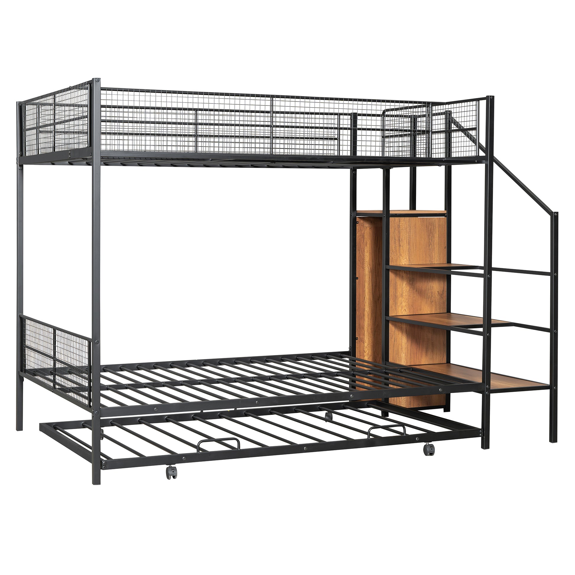 Twin Over Full Metal Bunk Bed With Trundle And Lateral Storage Ladder And Wardrobe, Black Black Metal