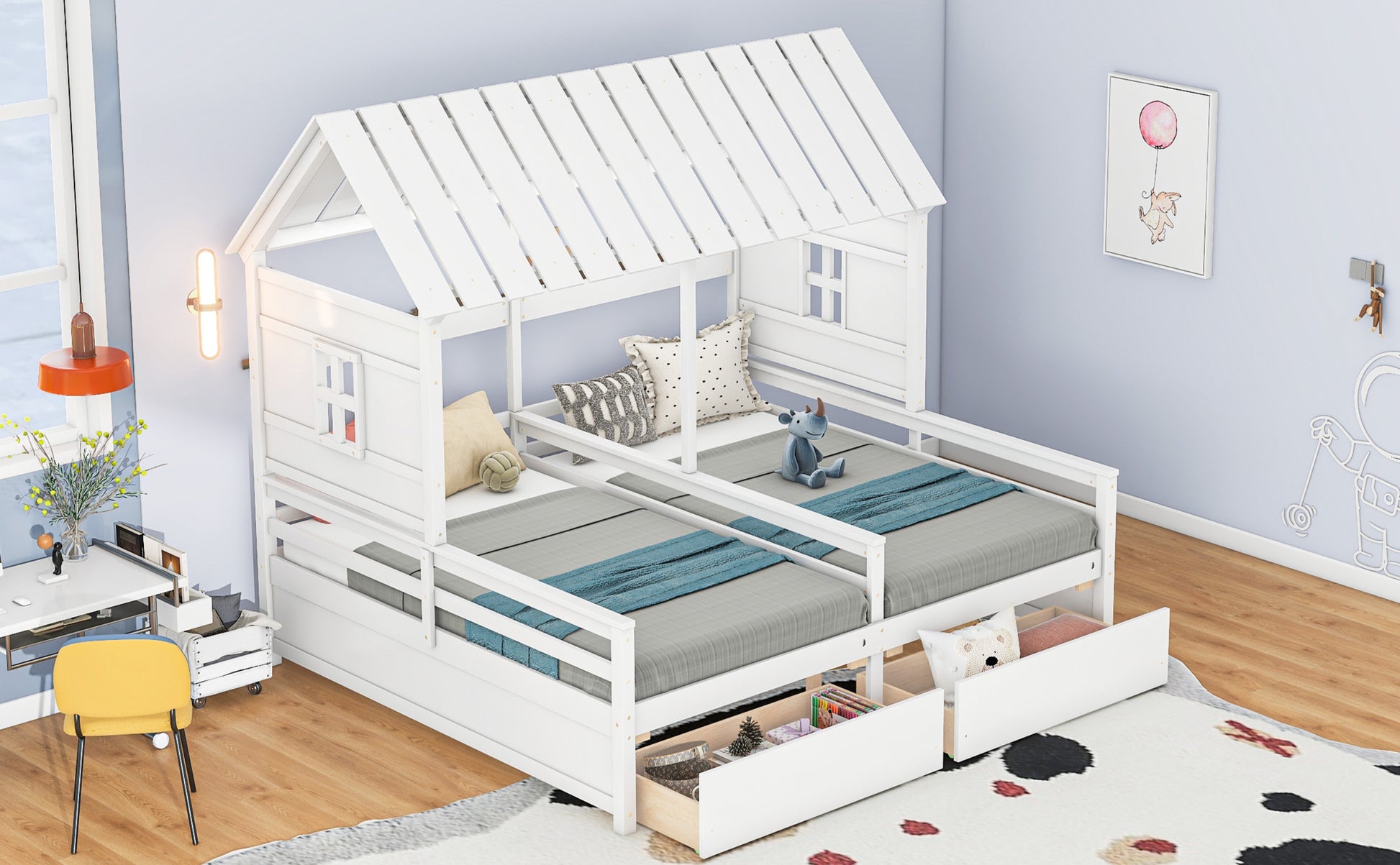 Twin Size House Platform Beds With Two Drawers For Boy And Girl Shared Beds, Combination Of 2 Side By Side Twin Size Beds,White Twin White Solid Wood Mdf