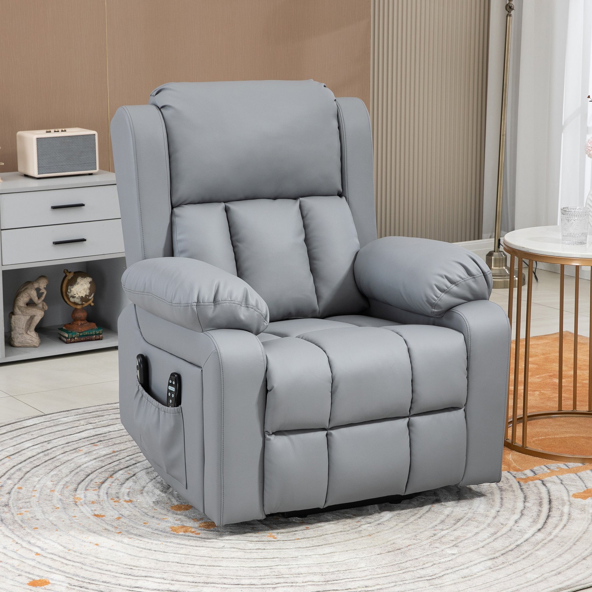 Homcom Electric Power Lift Recliner Chair, Pu Leather Reclining Chair With Vibration Massage, Heated, Remote Control, Side Pockets, For Elderly, Gray Gray Pu Leather