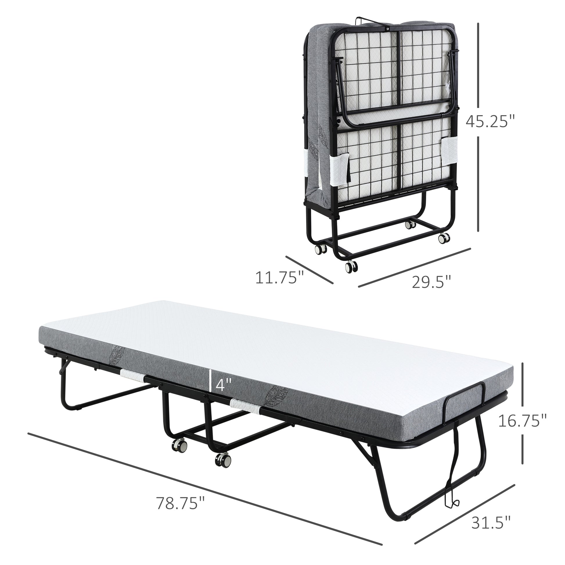 Homcom Rollaway Bed, Folding Bed With 4" Mattress, Portable Foldable Guest Bed With Sturdy Metal Frame And Wheels, 78.75"X31.5"X16.75", White White Steel