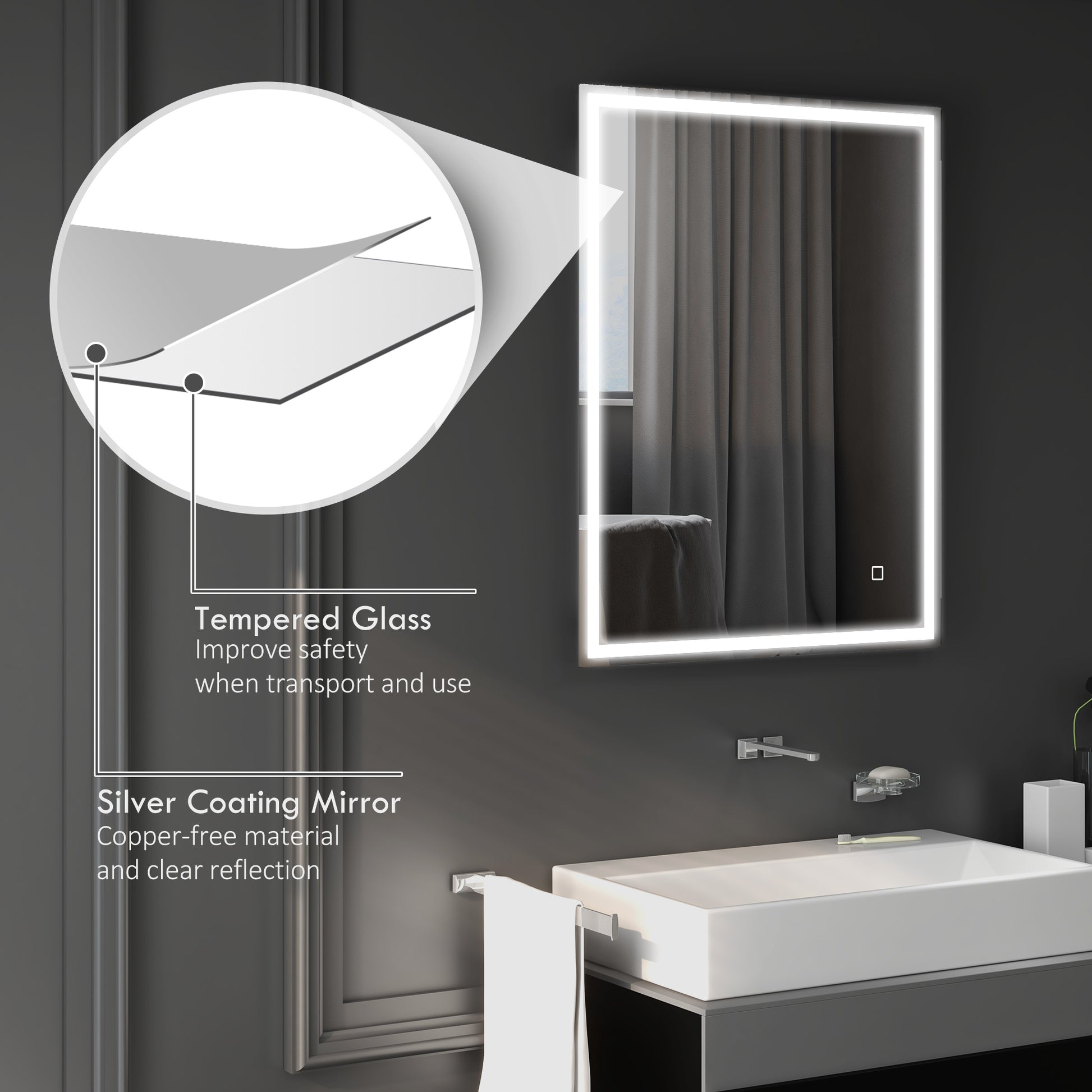 Homcom 36" X 28" Dimmable Bathroom Mirror With Lights, 3 Colors & Defogging Silver Tempered Glass