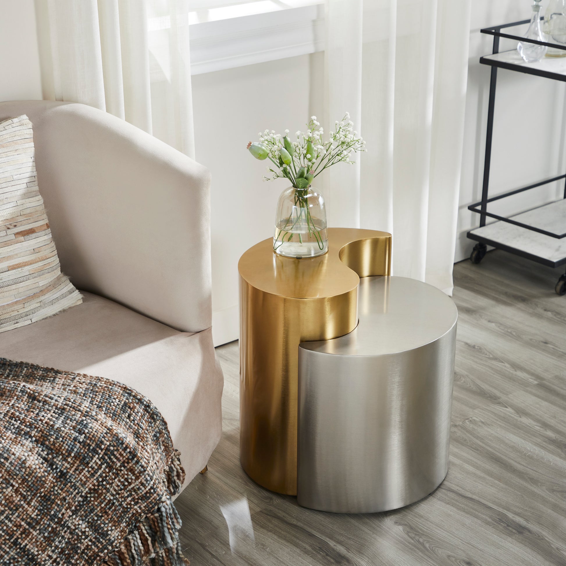 Ying Yang Modern & Contemporary Style 2Pc End Table Made With Iron Sheet Frame In Gold & Silver Multi Primary Living Space Contemporary,Modern Coffee & End Tables Iron Iron