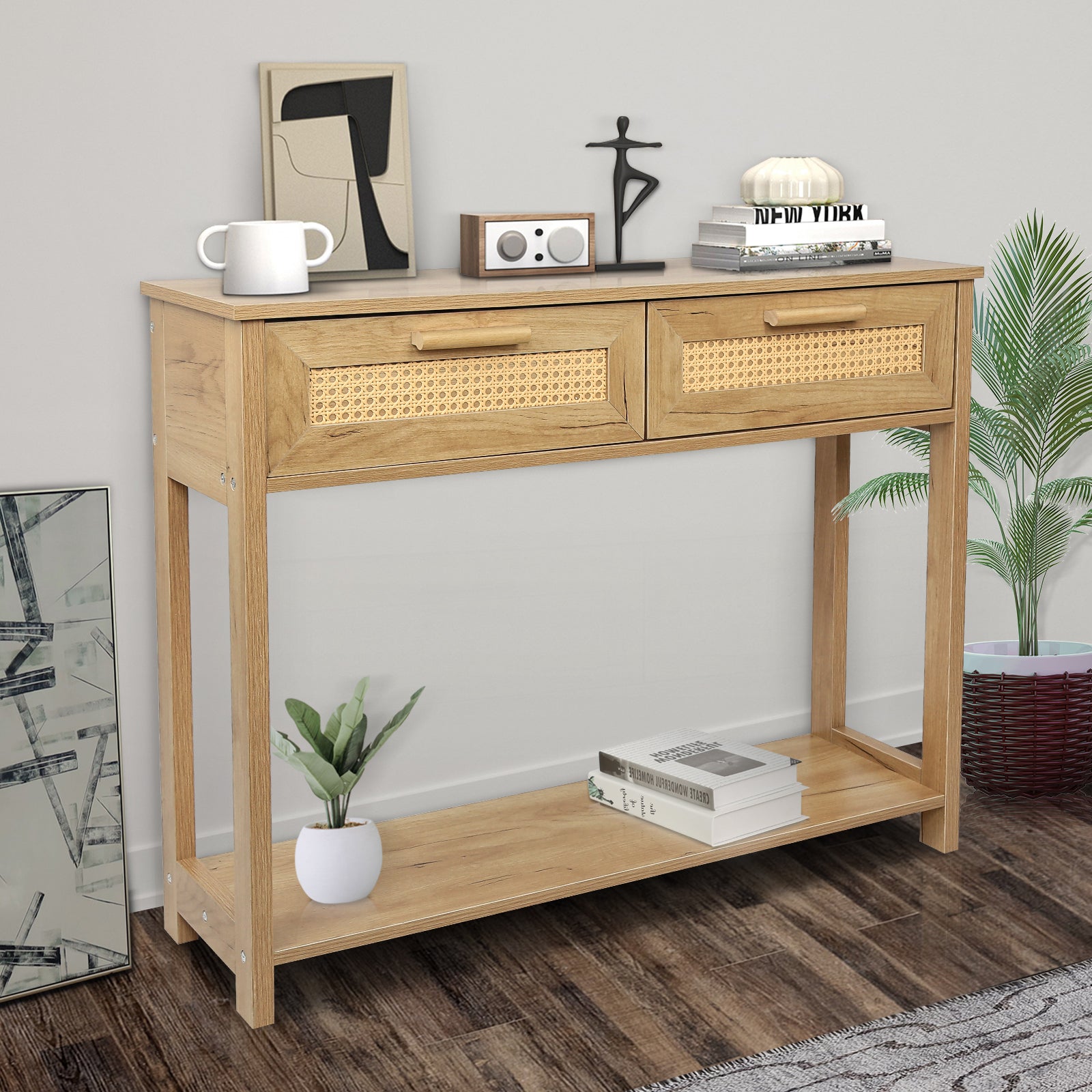 Console Table With 2 Drawers, Sofa Table, Entryway Table With Open Storage Shelf, Narrow Accent Table With Rattan Design For Living Room Entryway Hallway, Natural Color Natural Particle Board