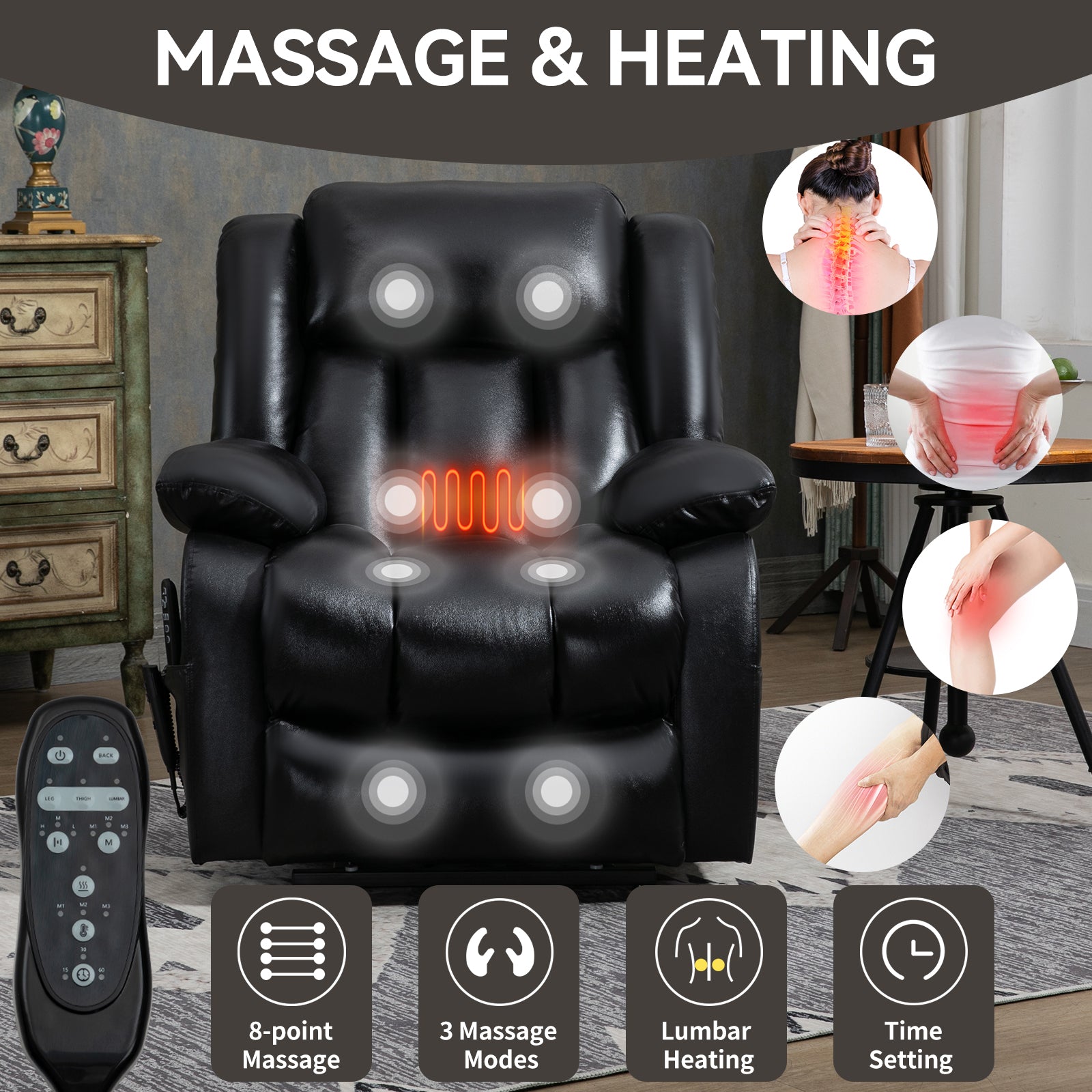 Dual Motor Infinite Position Up To 350 Lbs Electric Medium Size Genuine Leather Black Power Lift Recliner Chair With 8 Point Vibration Massage And Lumbar Heating White Metal Primary Living Space Heavy Duty Pine Black Genuine Leather Power Remote Medium