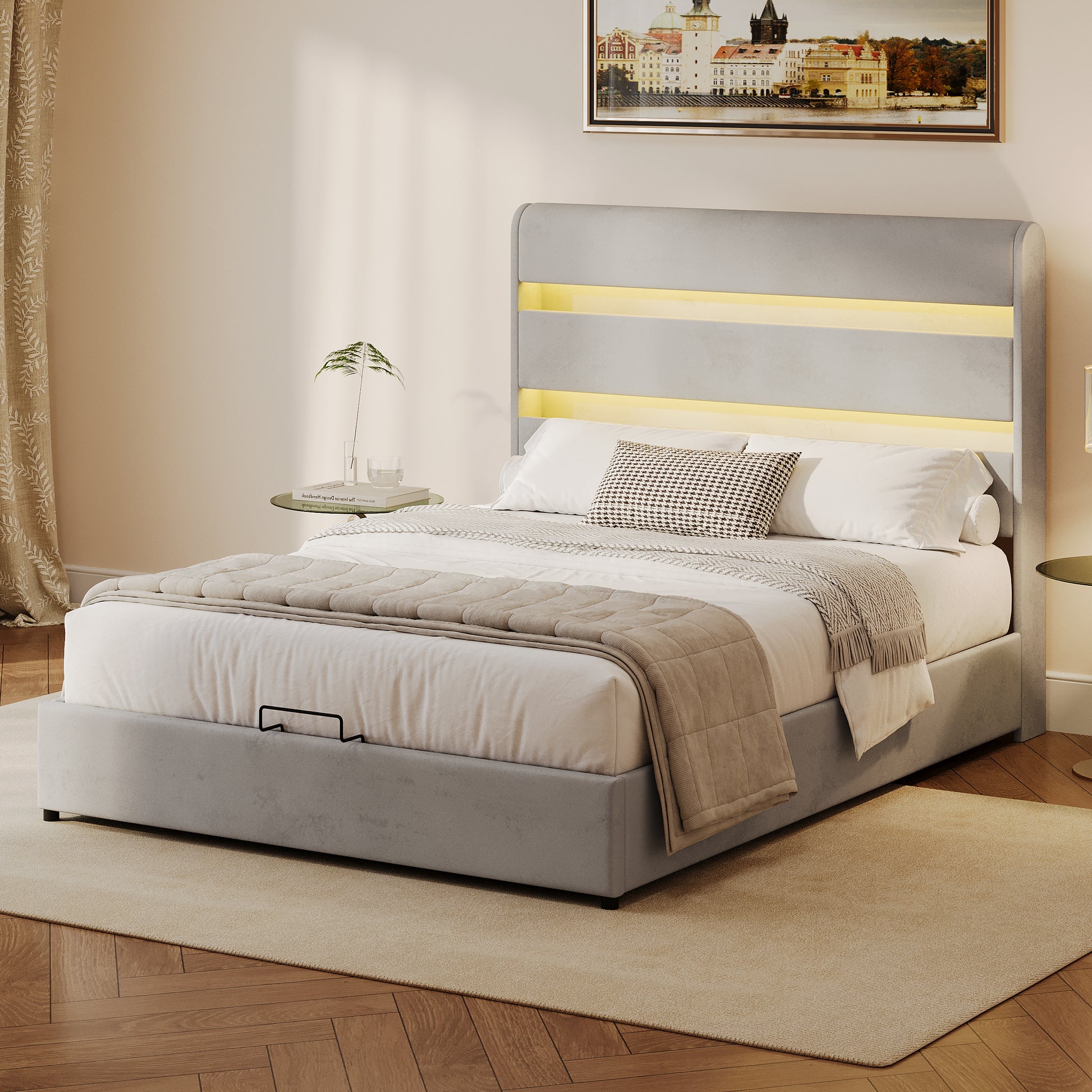 Upholstered Platform Full Size Hydraulic Storage Bed, Lift Up Storage Bed With Rgb Led Light Headboard, No Box Spring Needed,Velvet,Gray Full Gray Velvet Wood Metal