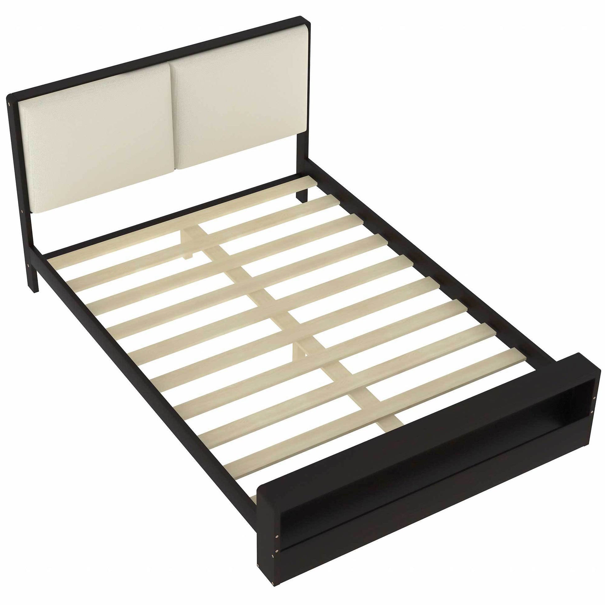 Queen Size Platform Bed Frame With Upholstery Headboard And Bookshelf In Footboard And Led Light Strips, Espresso Queen Espresso Solid Wood Mdf