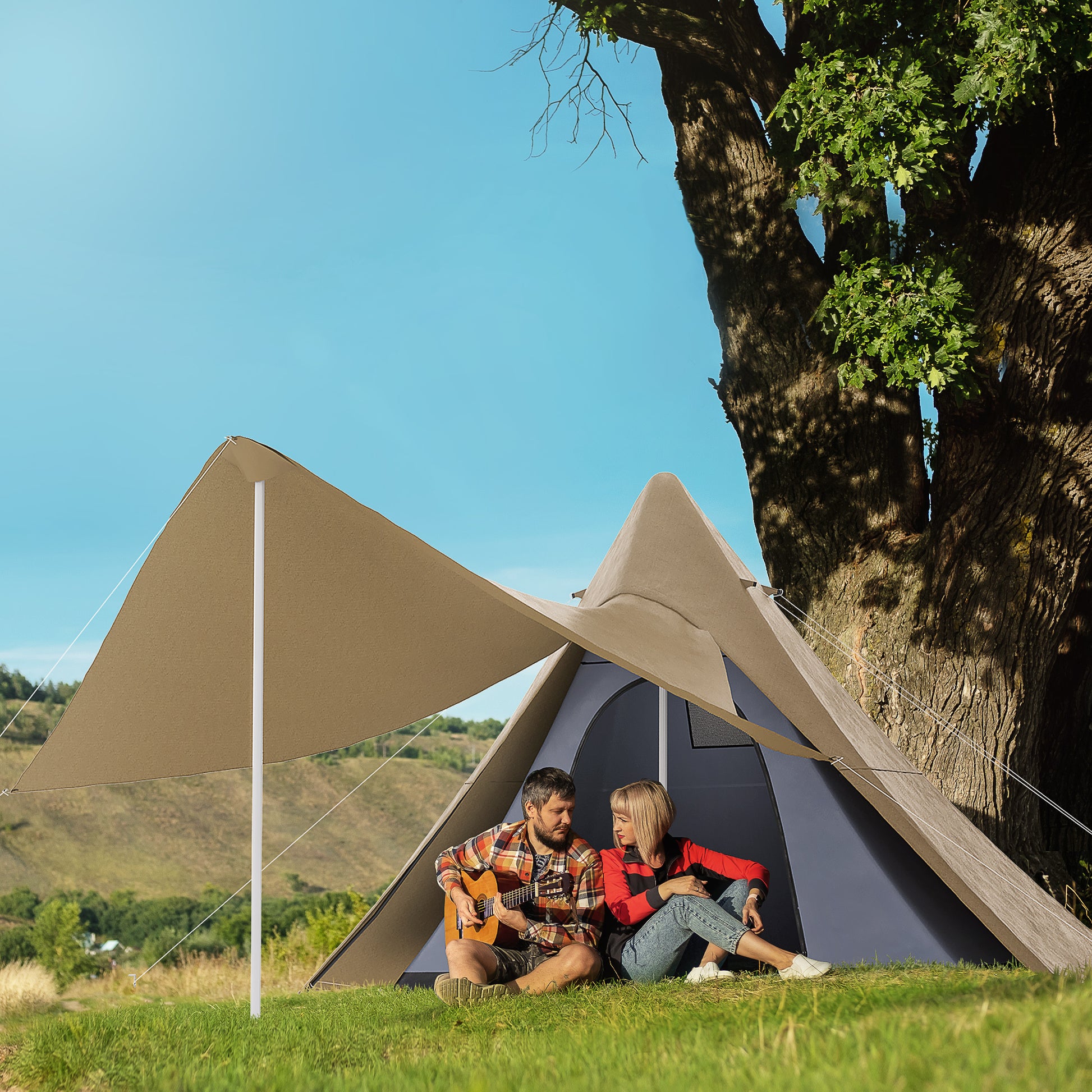 Outsunny 15.4'X15.4'X8.5' Teepee Tent, Waterproof Camping Tent With Porch Area, Floor And Carry Bag, For 2 3 Person Outdoor Backpacking Camping Hiking, Coffee Coffee Fabric