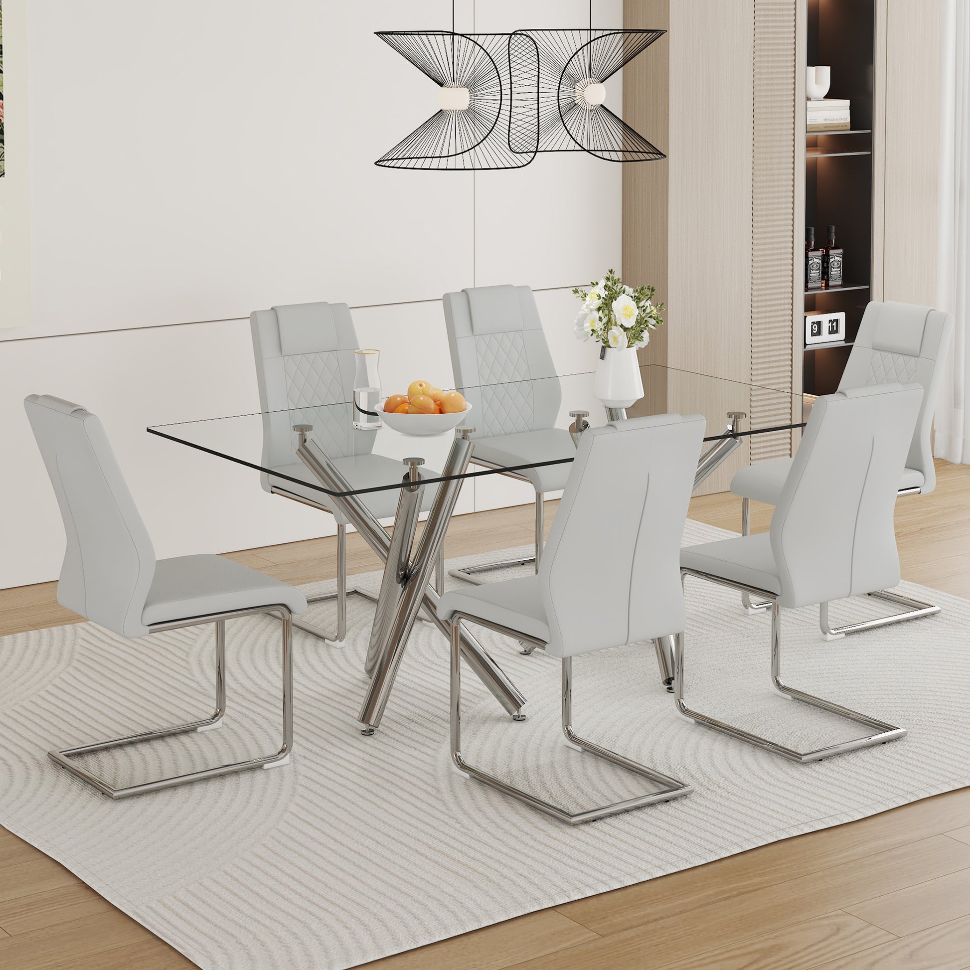 Table And Chair Set.Large Minimalist Rectangular Glass Dining Table For 6 8 With 0.39" Tempered Glass Tabletop And Silver Chrome Metal Legs.Paried With Comfortable Chairs With Pu Seats And Metal Legs. Silver Seats 6 Glass Metal