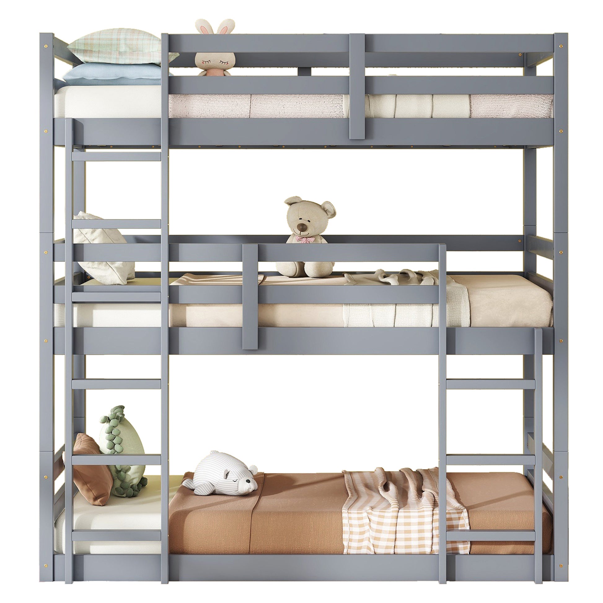 Triple Rubber Wood Bunk Bed With Two Built In Ladders, Guardrails, Twin Over Twin Over Twin, Detachable Triple Twin Bunk Bed,Grey Twin Grey Bedroom American Design Bed Frame Rubber Wood