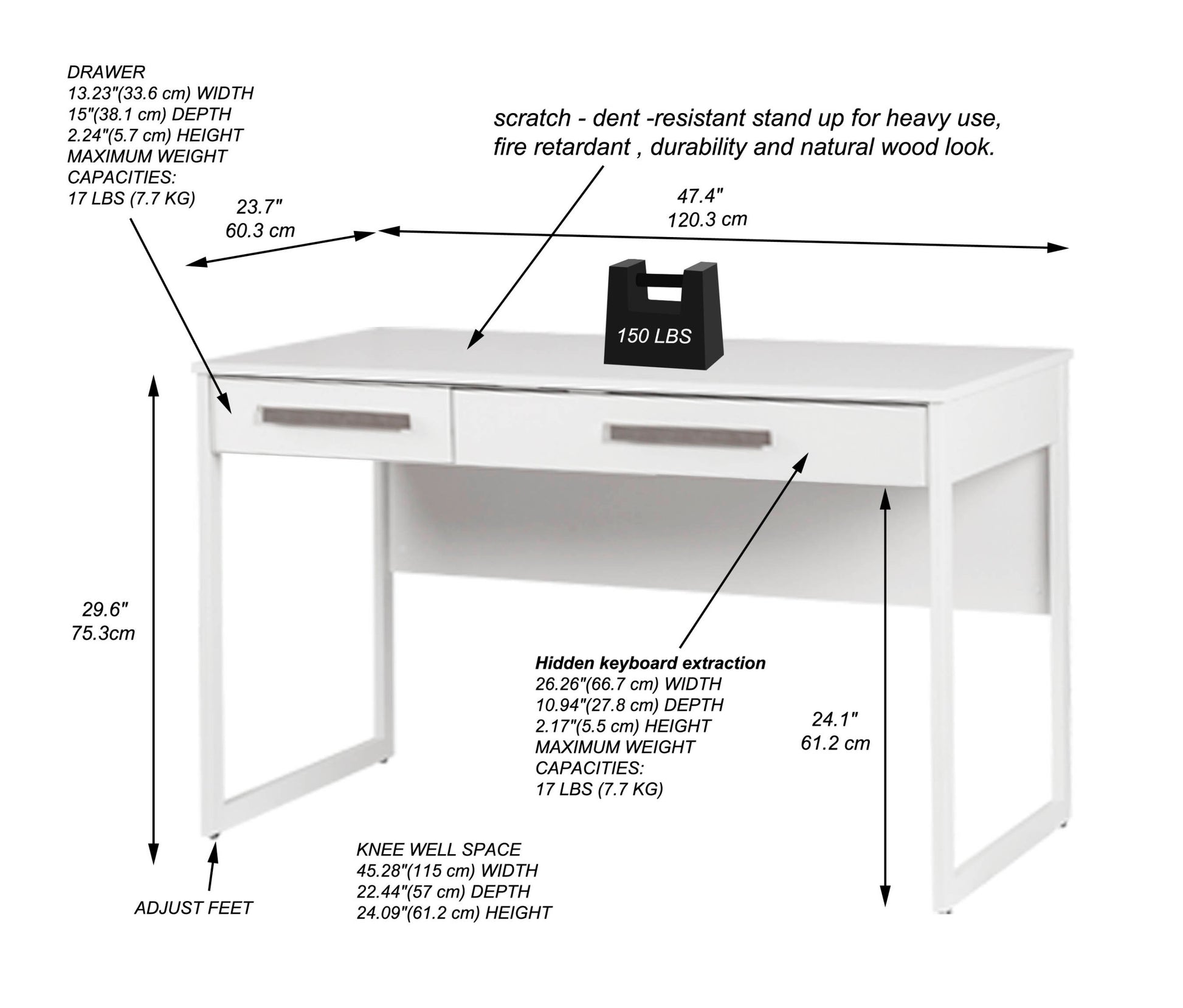 47" Writing Desk Elegant White Desk With Drawers And Shelves Durable Computer Table Desk For Home Office, Study Table, Writing Desk For Students, Executive Office Desk With Storage White Solid Wood