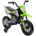 Qaba Kids Dirt Bike With Twist Grip Throttle, 12V Electric Motorcycle, Electric Bike For Toddler With Training Wheels, Rear Suspension & Music For Ages 3 6 Years, Green Green Plastic