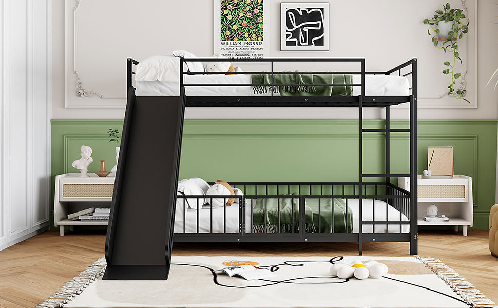 Full Over Full Size Metal Bunk Bed With Slide And Guardrails, Black Full Black Metal