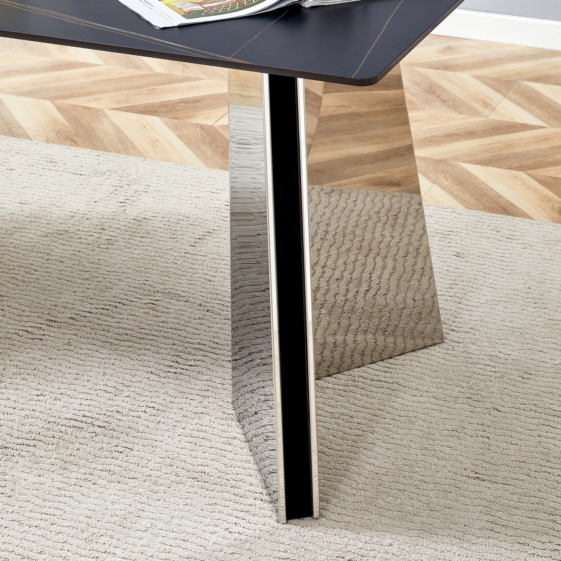 Table And Chair Set.63"X31.5X30" Black Marble Patterned Slabs Tabletop With Stainless Steel Butterfly Legs.Paired With 4 White Pu Dining Chairs With A Vertical Stripe Design On The Backrest. White