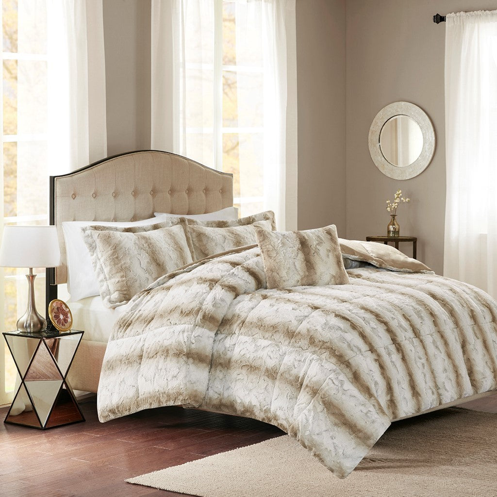 4Pc Faux Fur Comforter Set Queen Sand Polyester