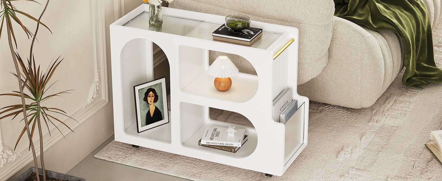Mobile End Table With Lockable Wheels, Narrow Coffee Table With 5Mm Thick Fluted Tempered Glass, Modern Nightstand With Golden Round Rod, Living Room, White, 31.5''W X11.8''D X 23.1''H White Primary Living Space Mdf