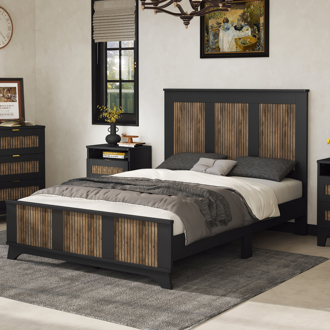 Farmhouse Wooden Platform Full Size Bed, Modern Platform Bed With Wooden Strip Decoration, Plywood Slats Support, Black Full Black Particle Board