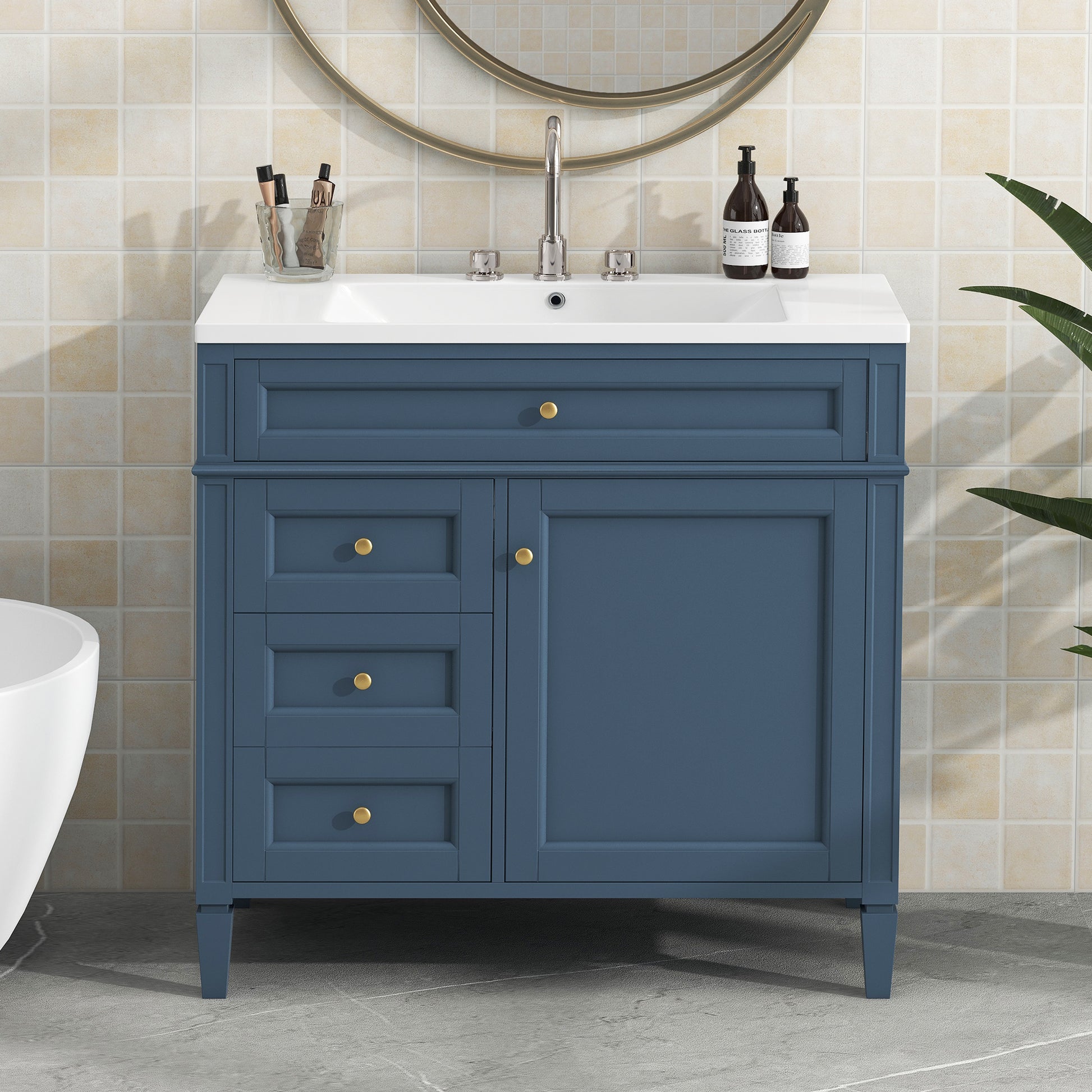 36'' Bathroom Vanity With Top Sink, Modern Bathroom Storage Cabinet With 2 Drawers And A Tip Out Drawer, Single Sink Bathroom Vanity 3 Blue 1 1 Adjustable Shelves Bathroom Freestanding Modern Solid Wood Mdf Resin Painted