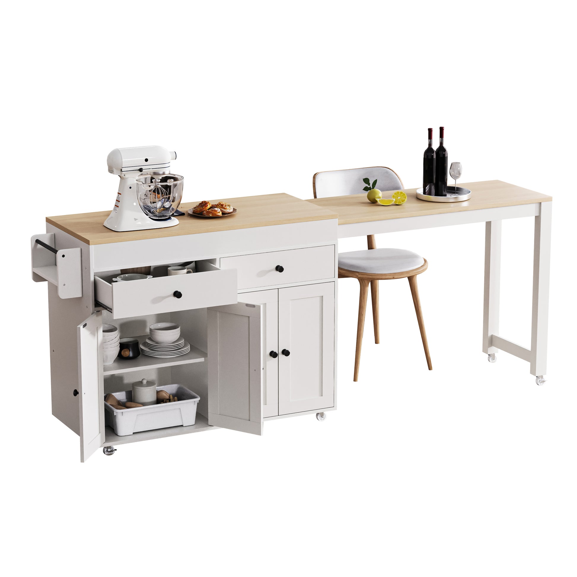 K&K 74.5 Inch Kitchen Island With Extendable Dining Tablerolling Kitchen Island On Wheels With Spice Rack And 2 Drawers, Kitchen Storage Cart With 4 Door Cabinet, For Kitchen, Dining Room, White Off