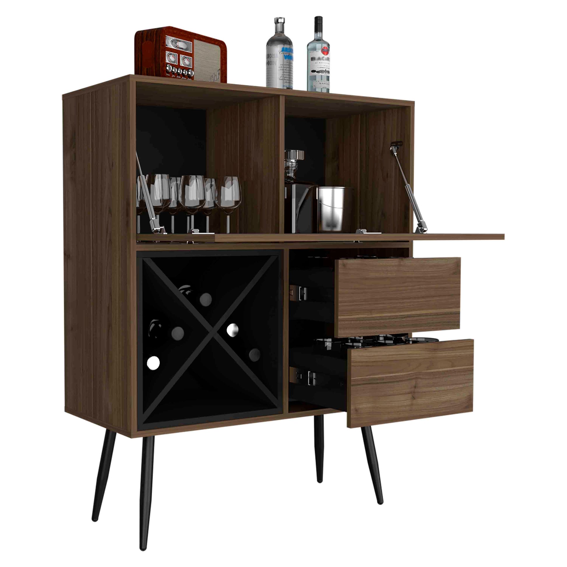 Prunus Bar Cabinet, One Cabinet, Two Drawers Mahogany Black Mahogany Particle Board