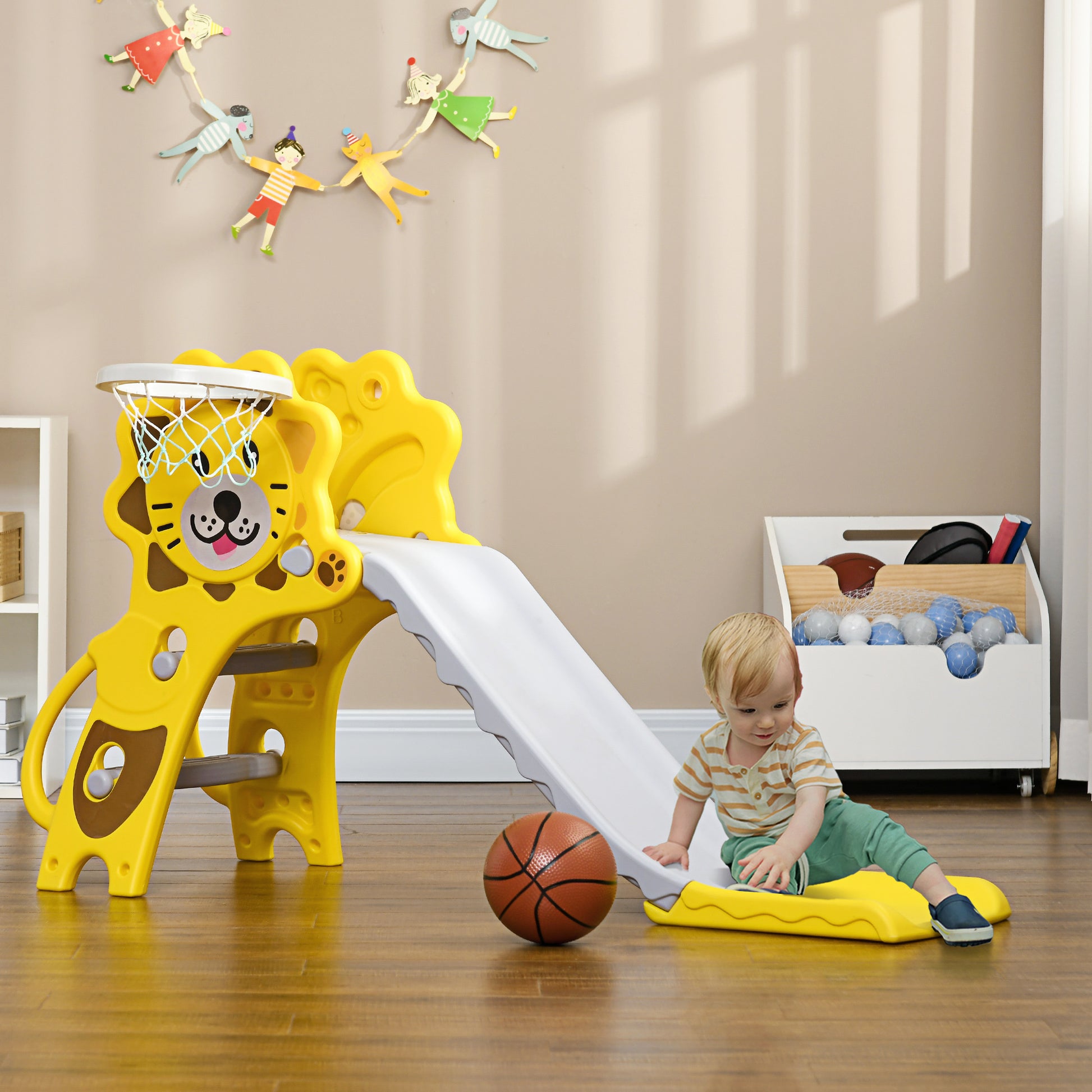 Qaba 2 In 1 Toddler Slide For Indoors, Toy For Toddler, Easy Set Up Baby Slide With Basketball Hoop For Kids 18 36 Months, Yellow Yellow Plastic