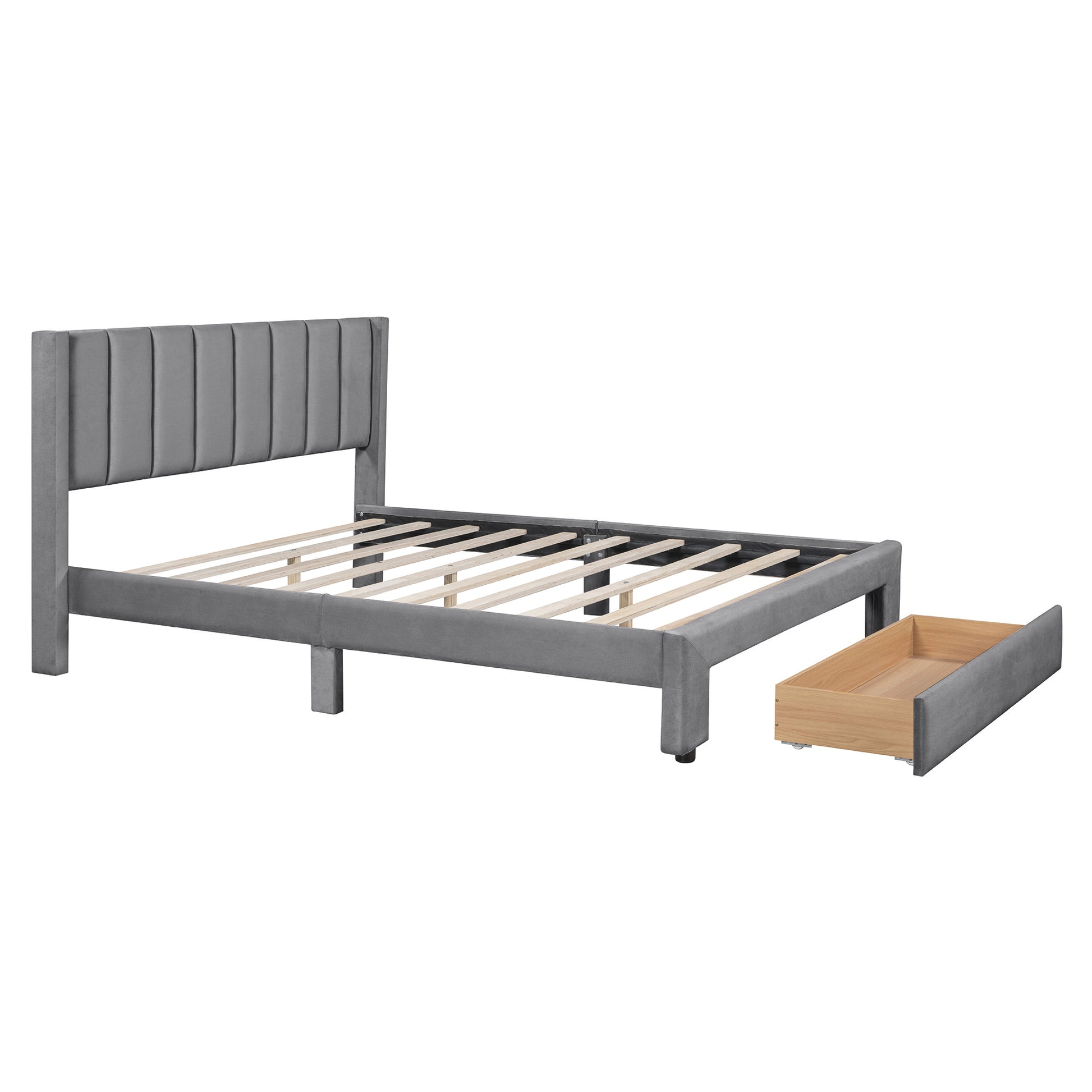 Queen Size Storage Bed Velvet Upholstered Platform Bed With A Big Drawer Gray Old Sku:Wf296854Aae Queen Gray Velvet