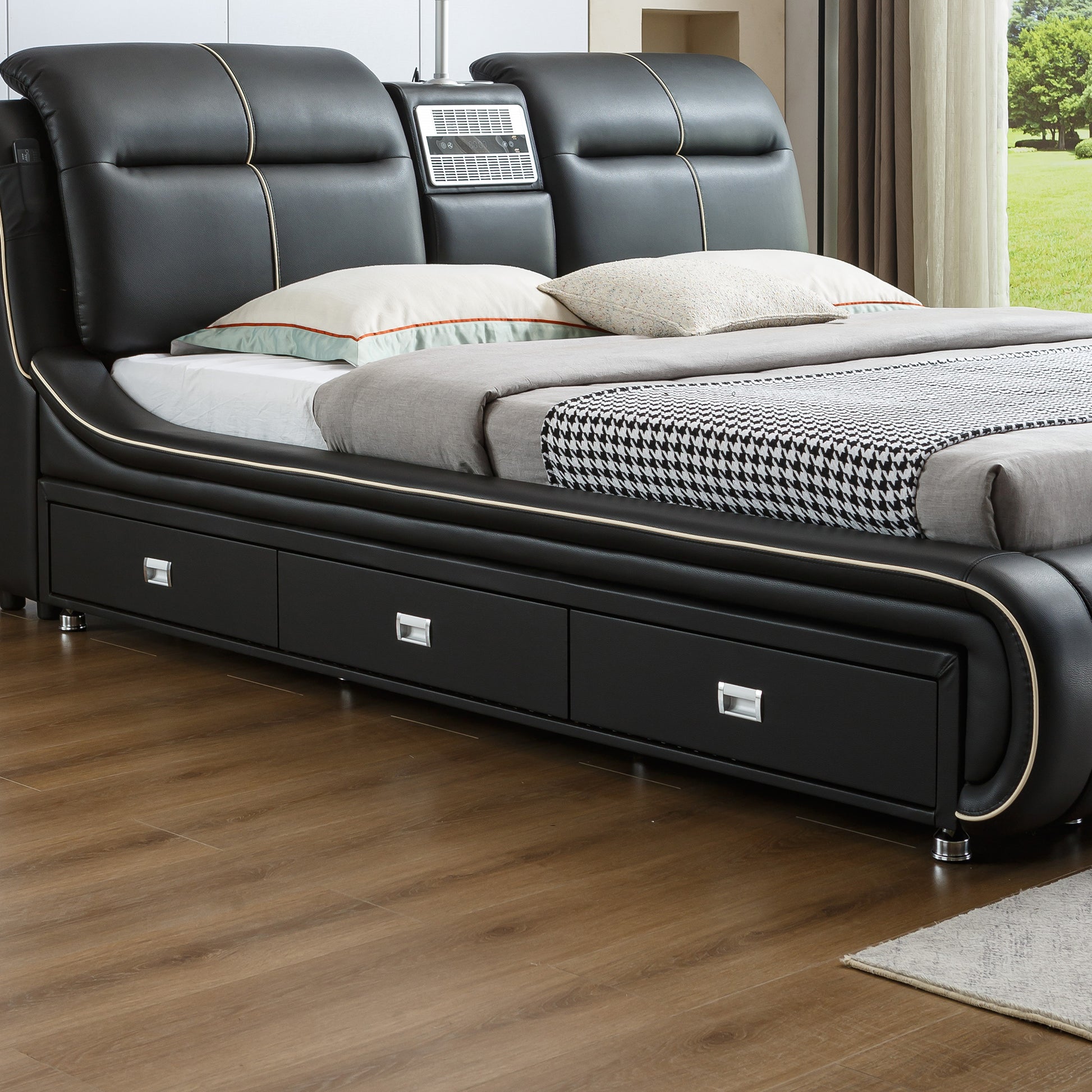 Multifunctional Upholstered Storage Bed Frame, Massage Chaise Lounge On Left, King Size,Black King Black Leather