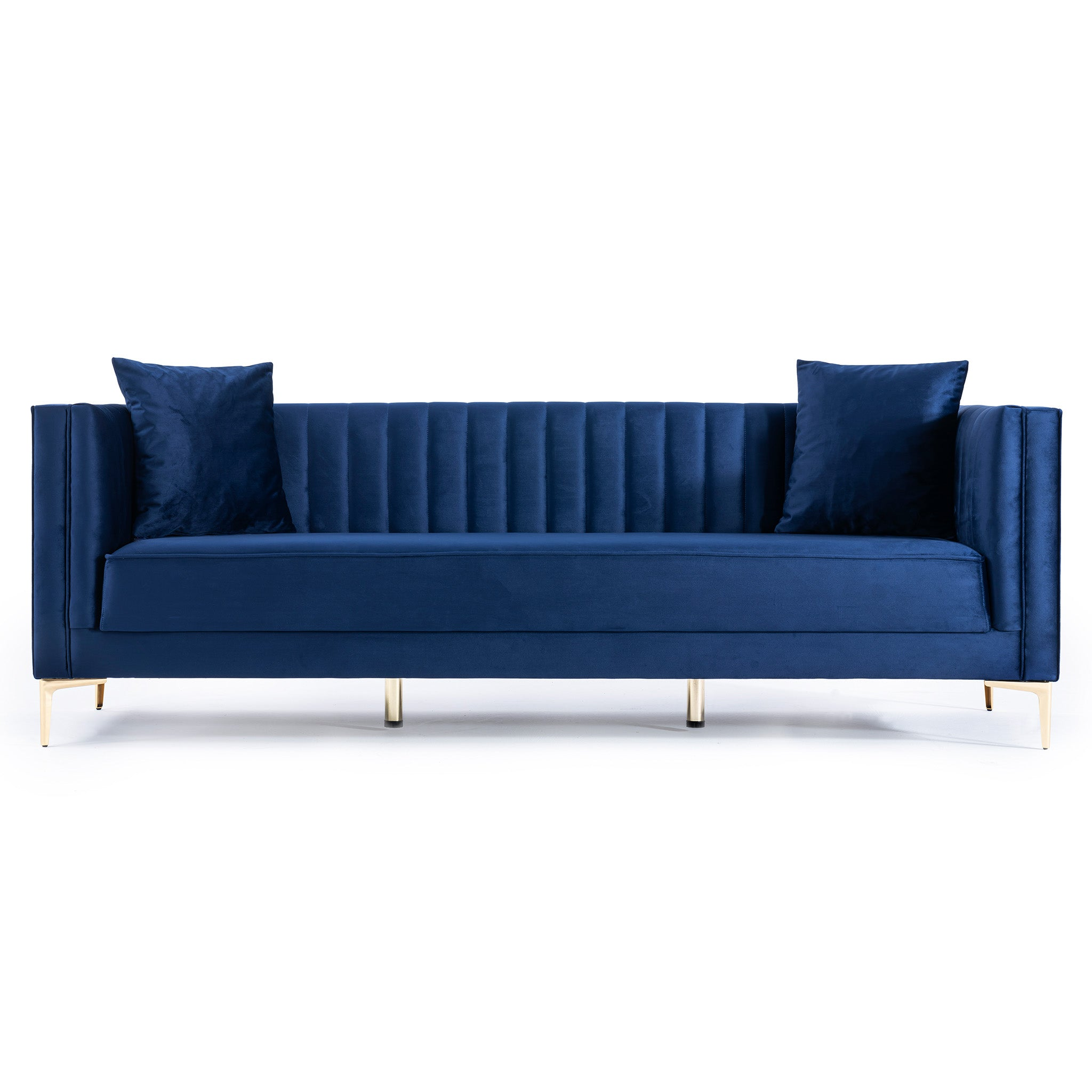 Angelina Sofa 91" Dark Blue Velvet Dark Blue,Gold Velvet Wood Primary Living Space Medium Firm Tufted Back Mid Century Modern Foam Metal,Velvet 4 Seat