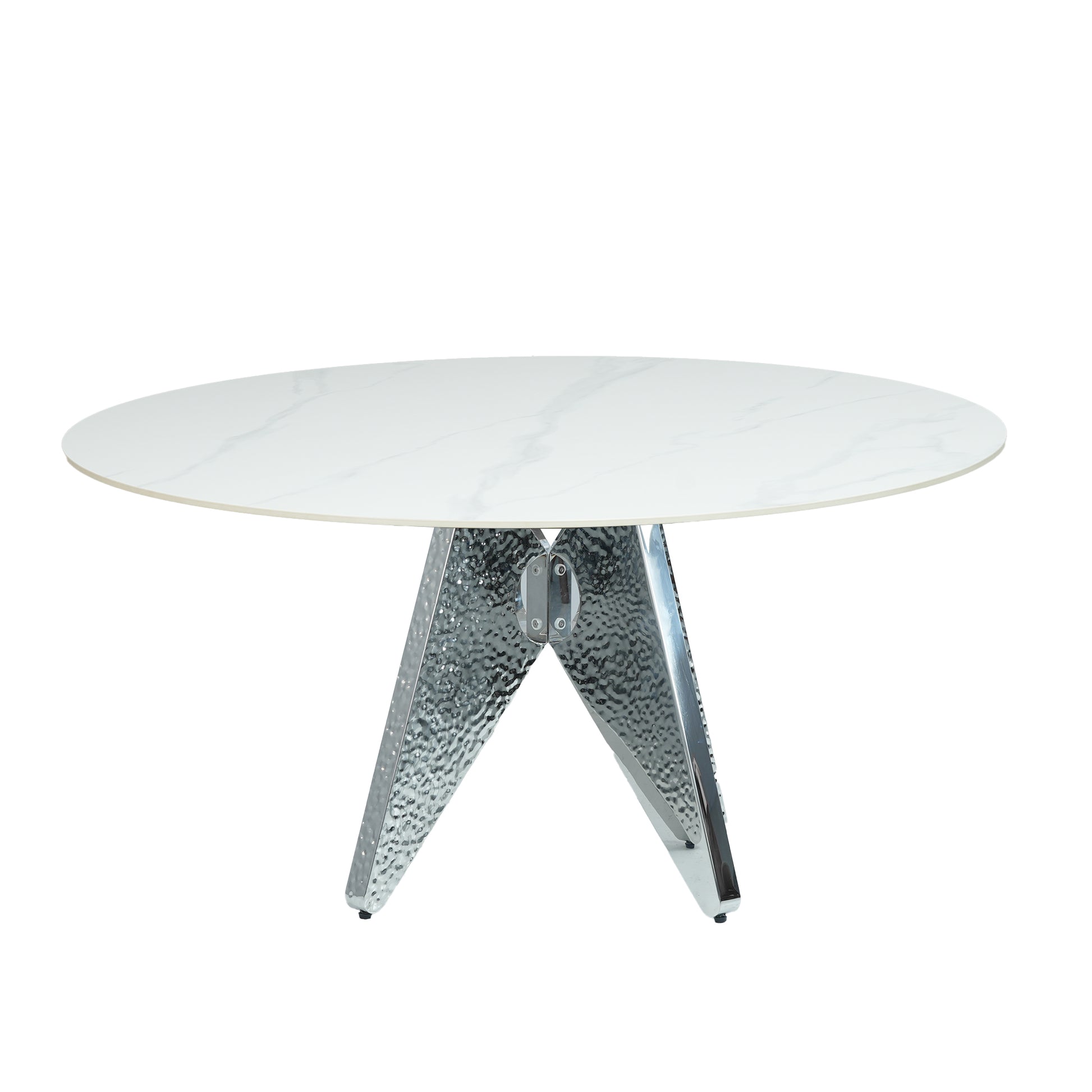53" Round Marble Dining Table With Silver Stainless Steel Design Base, Artificial Marble For 6 People, 23.62"White Artificial Stone Turntable,White Dining Table Only Silver,White Dining Room Modern
