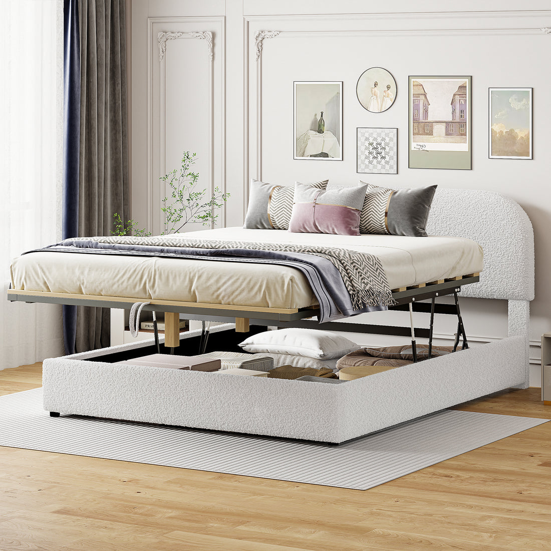 Teddy Fleece Queen Size Upholstered Platform Bed With Hydraulic Storage System, White Queen White Teddy