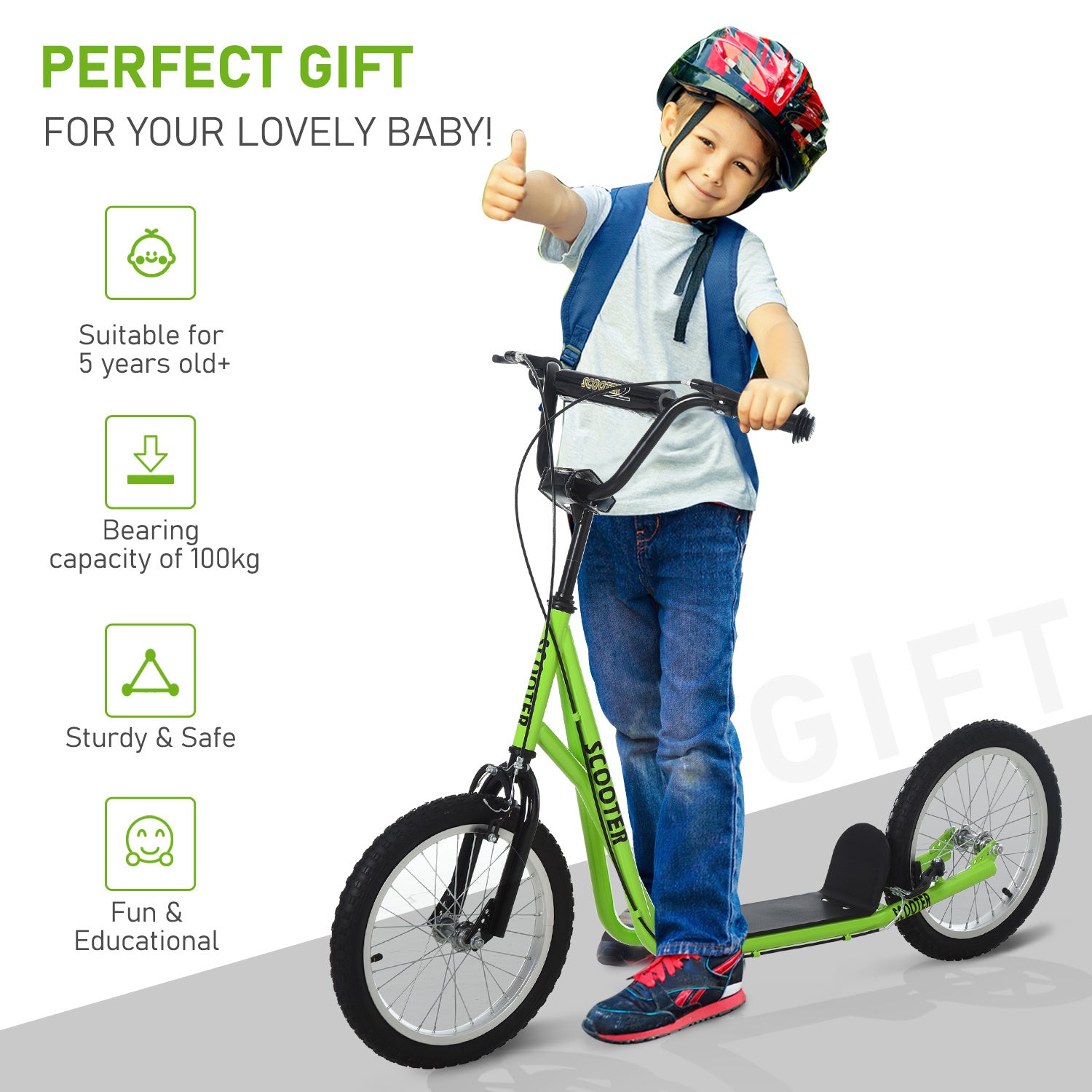 Aosom Youth Scooter Kick Scooter For Kids 5 With Adjustable Handlebar 16" Front And Rear Dual Brakes Inflatable Wheels, Light Green Green Iron Plastic