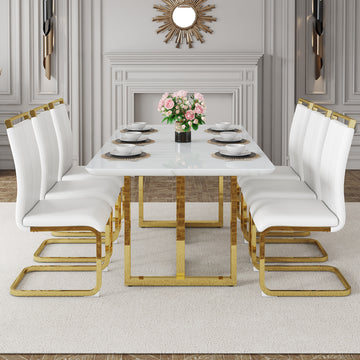 Table And Chair Set.67"X36" White Marble Pattern Mdf Dining Table Set With 6 White Pu Chairs.Mdf Sticker,White Marble Pattern Sticker,Gold C Tube Chair Legs,Suitable For Kitchen,Dining Room,Etc.